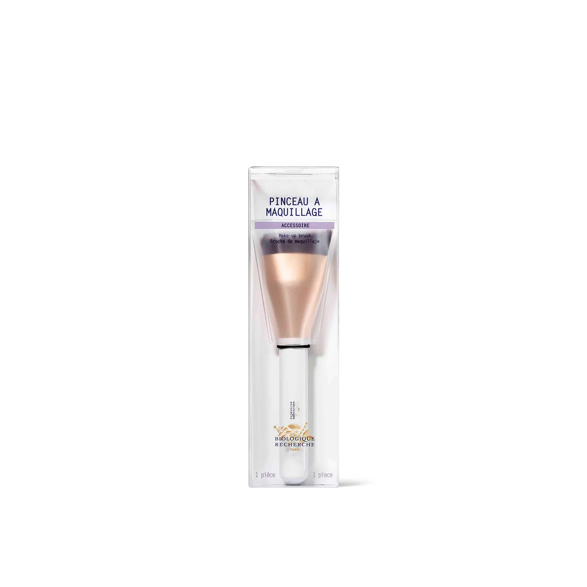 A packaged Biologique Recherche makeup brush with a white handle and gold accents, labeled for precision makeup application.