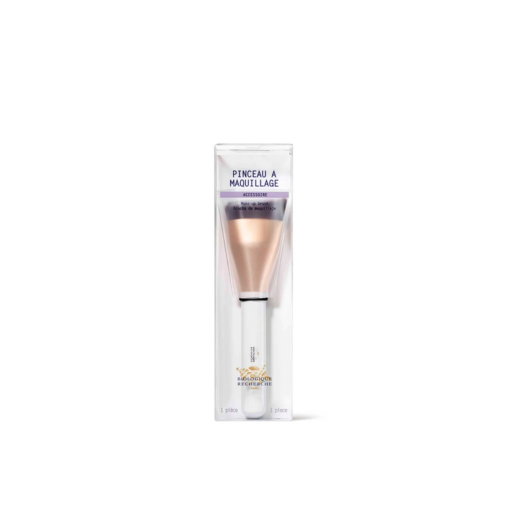 A packaged Biologique Recherche makeup brush with a white handle and gold accents, labeled for precision makeup application.