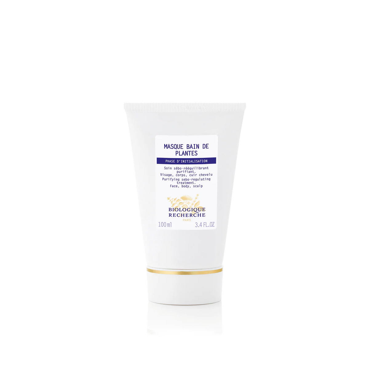 A white tube of Biologique Recherche Masque Bain De Plantes with blue and gold text on the label.