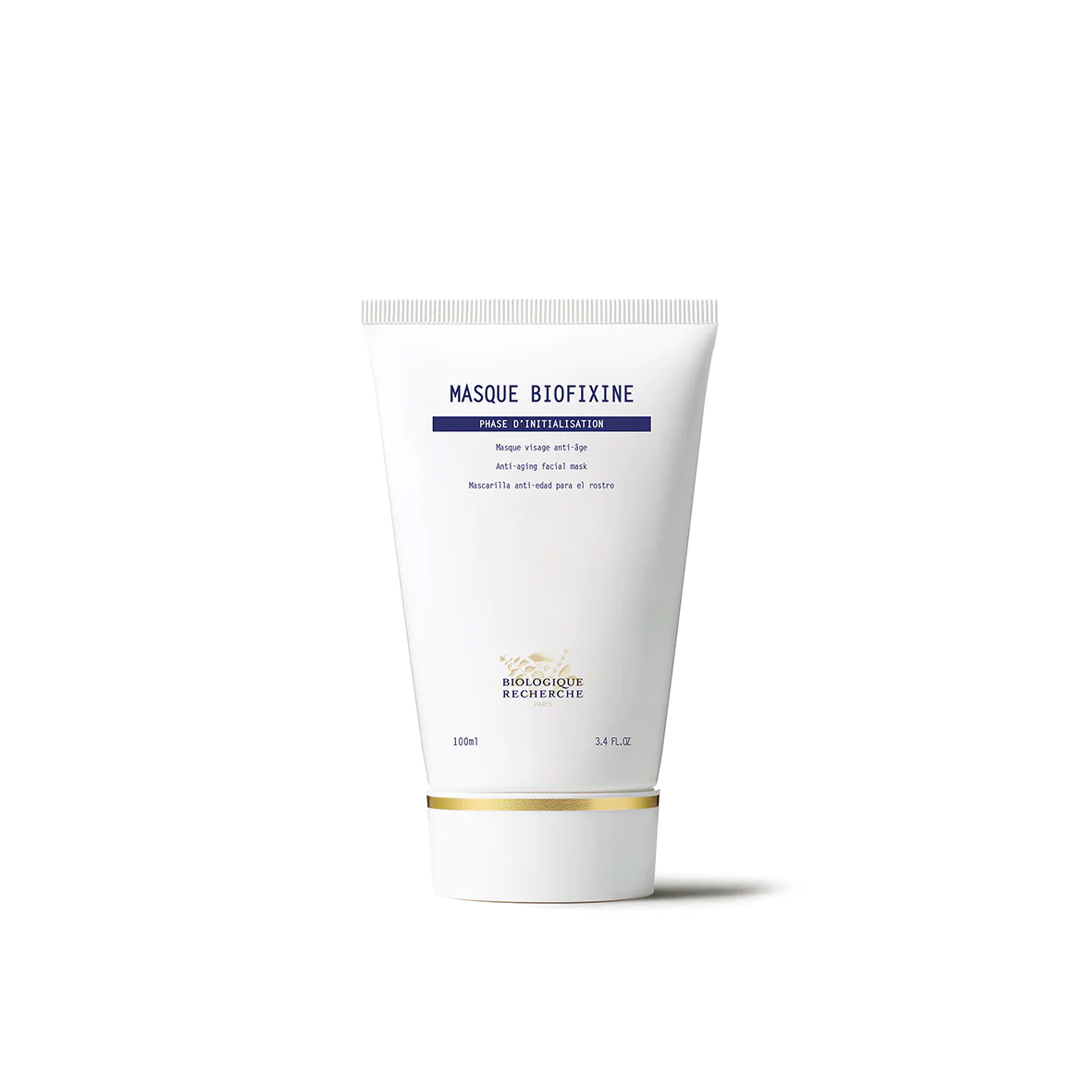 A tube of Biologique Recherche Masque Biofixine with a white and blue label, indicating it is a deeply regenerative facial mask treatment.