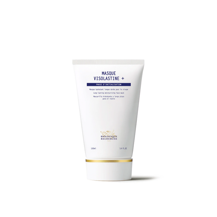 A white tube packaging of Biologique Recherche Masque Visolastine + with gold and blue text detailing the product information.