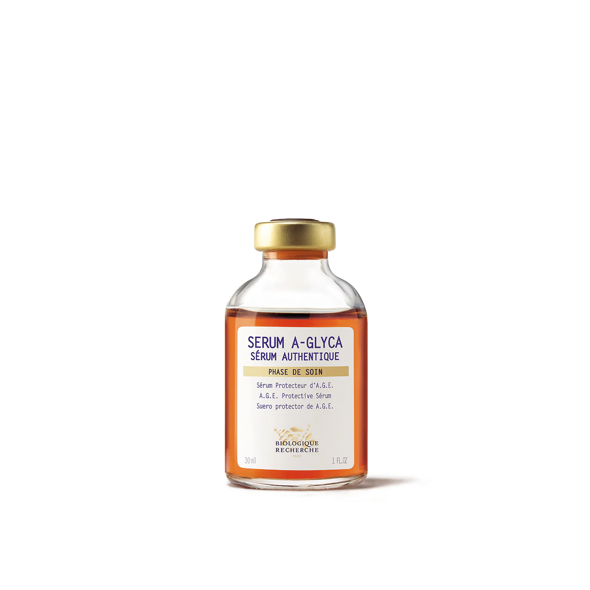 A glass vial of Biologique Recherche Serum A-Glyca with a white label and a gold cap.