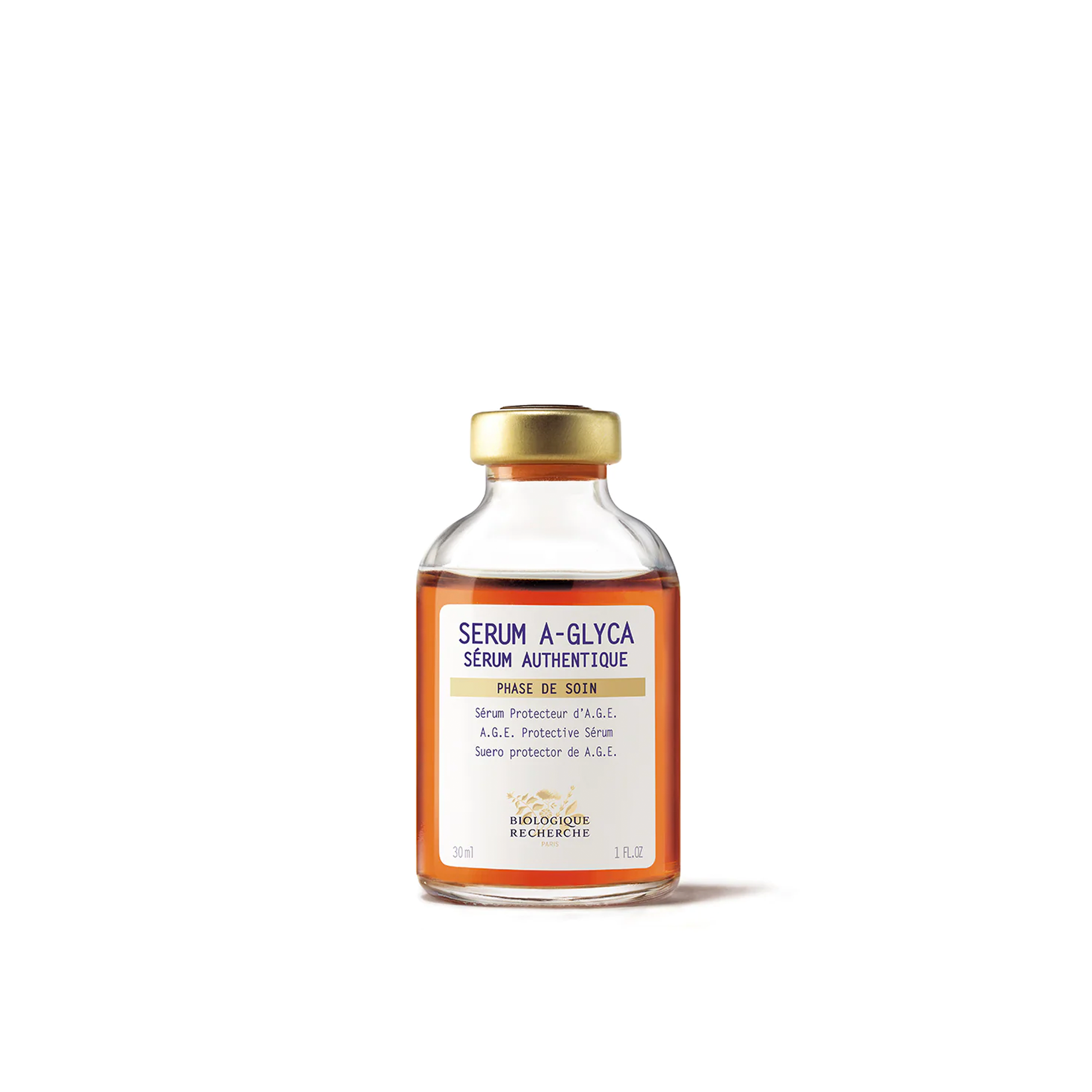 A glass vial of Biologique Recherche Serum A-Glyca with a white label and a gold cap.