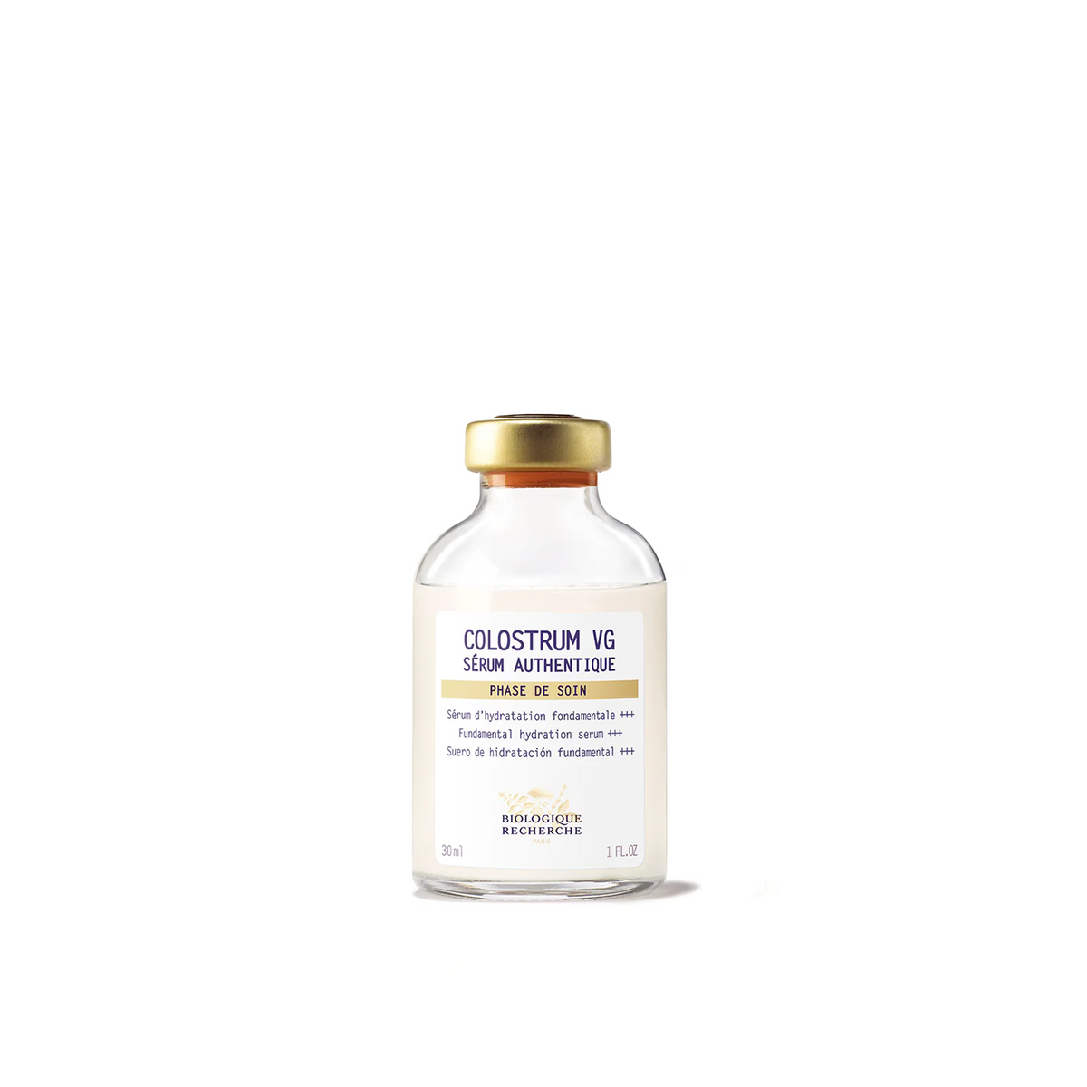 A glass vial labeled 'COLOSTROUM VG' by Biologique Recherche, indicating it is a skincare serum.