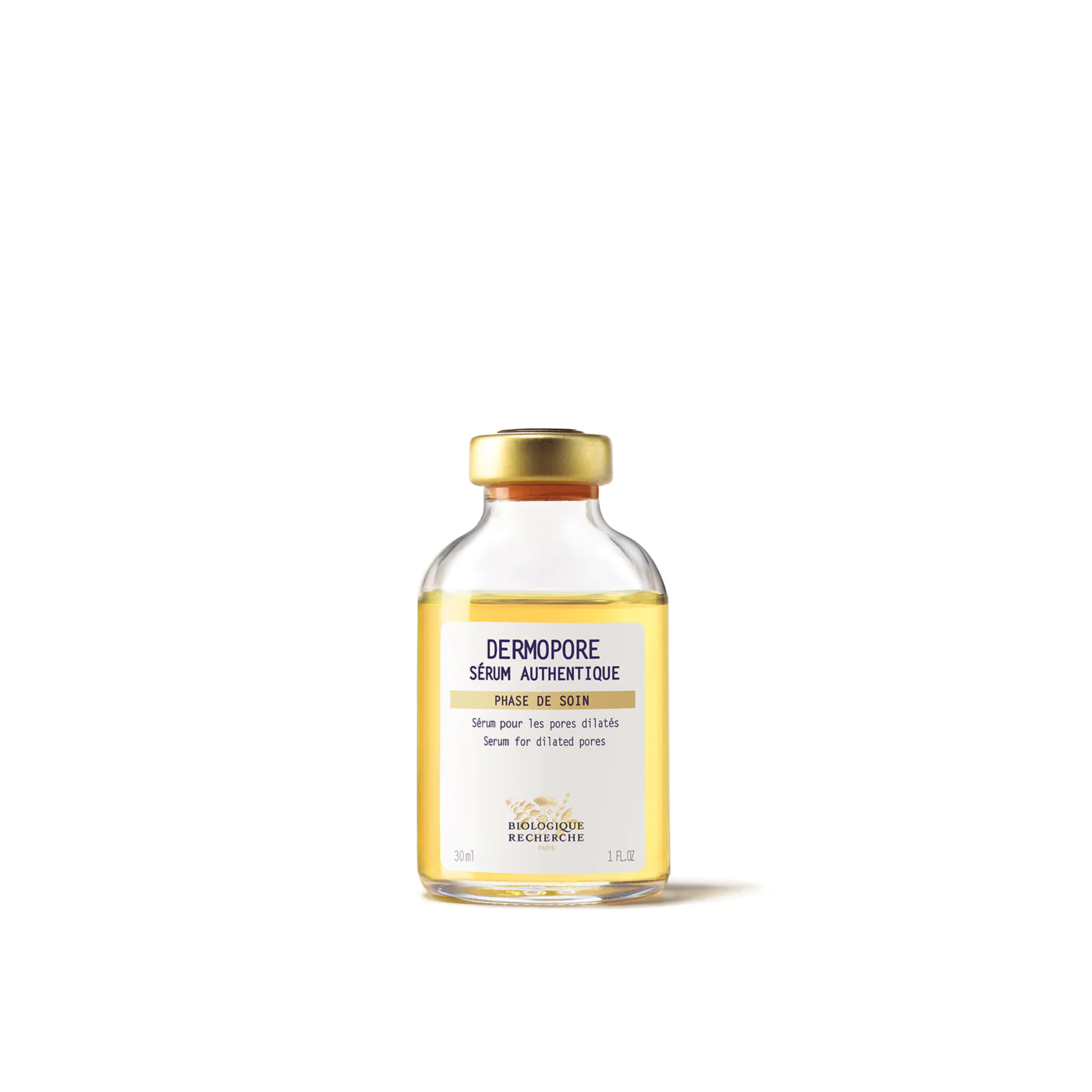 A clear glass vial with a gold cap containing yellow-colored serum, labeled 'DERMOPORE SERUM AUTHENTIQUE'.
