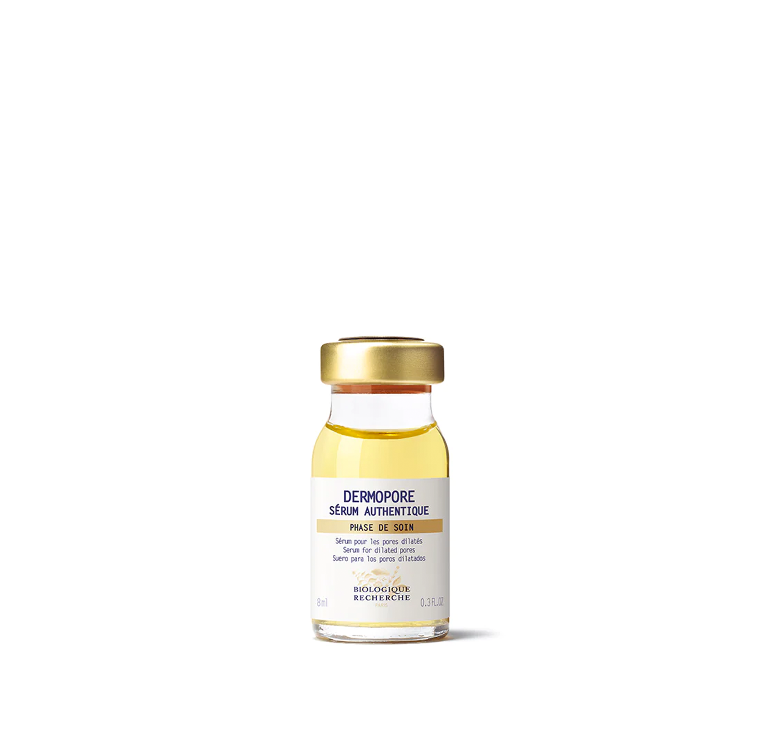 A clear glass vial with a gold cap containing yellow-colored serum, labeled 'DERMOPORE SERUM AUTHENTIQUE'.