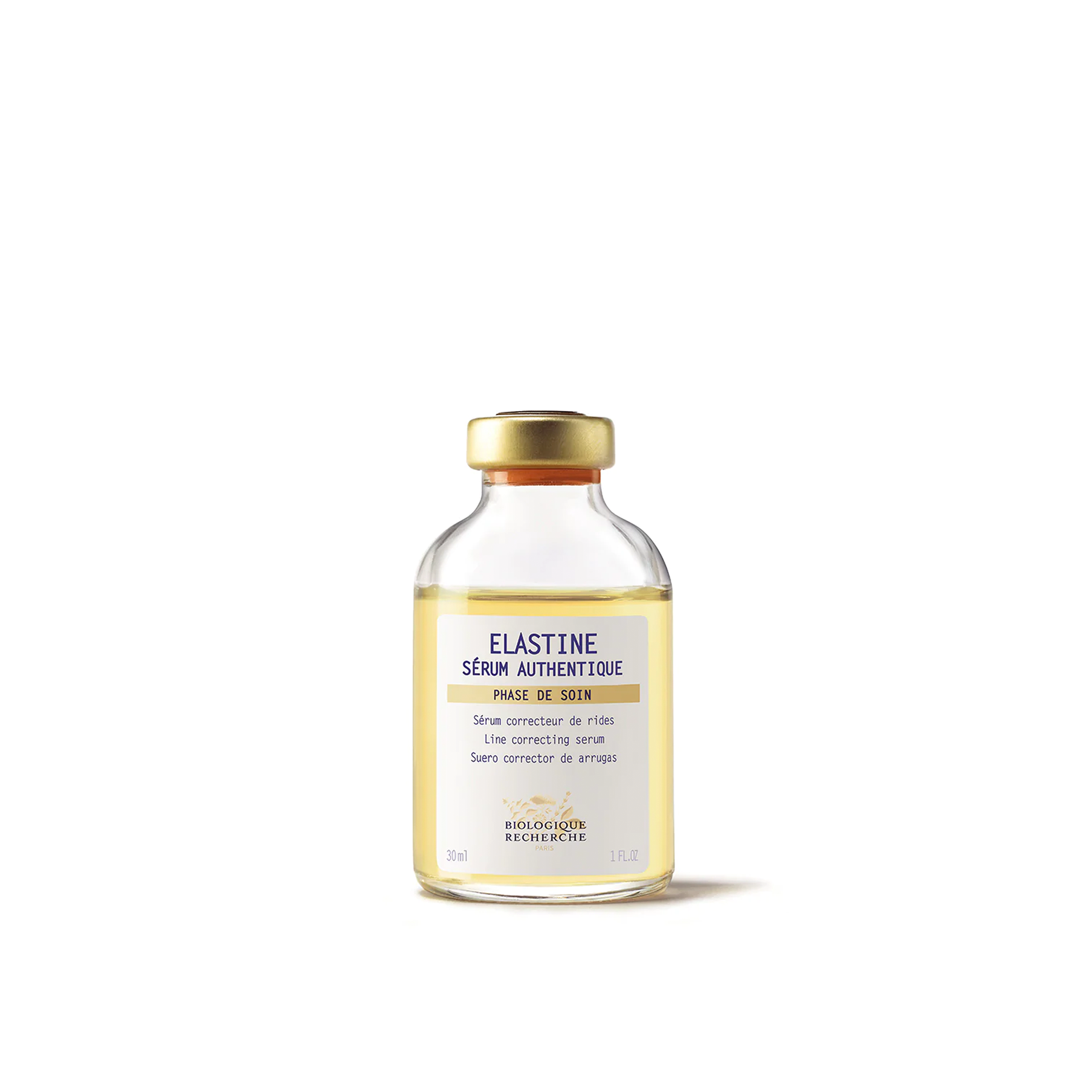 A clear glass vial with a white label, containing the Biologique Recherche Serum Elastine.
