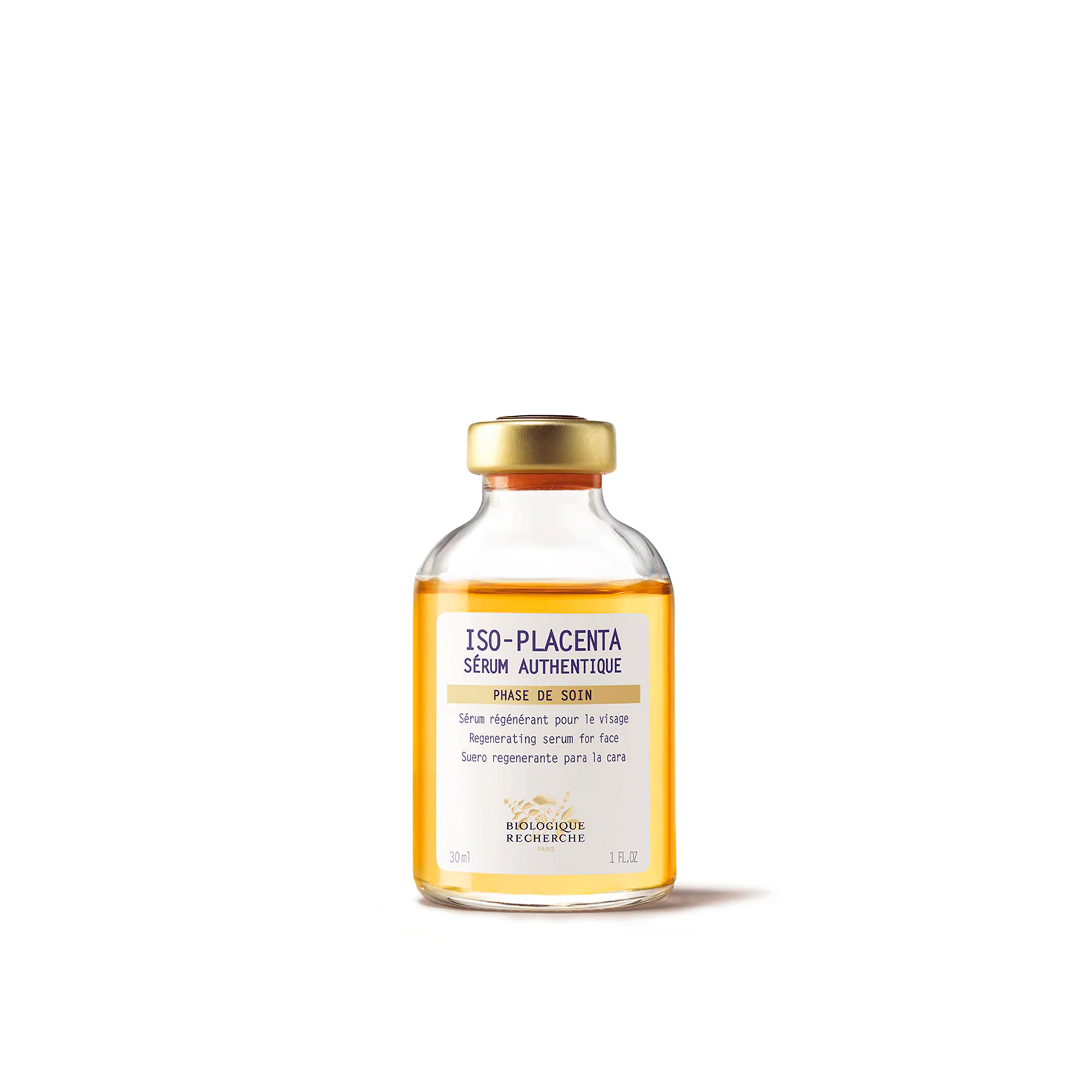 A vial of Biologique Recherche Serum Iso-Placenta with a yellow label, text, and branding on the front.