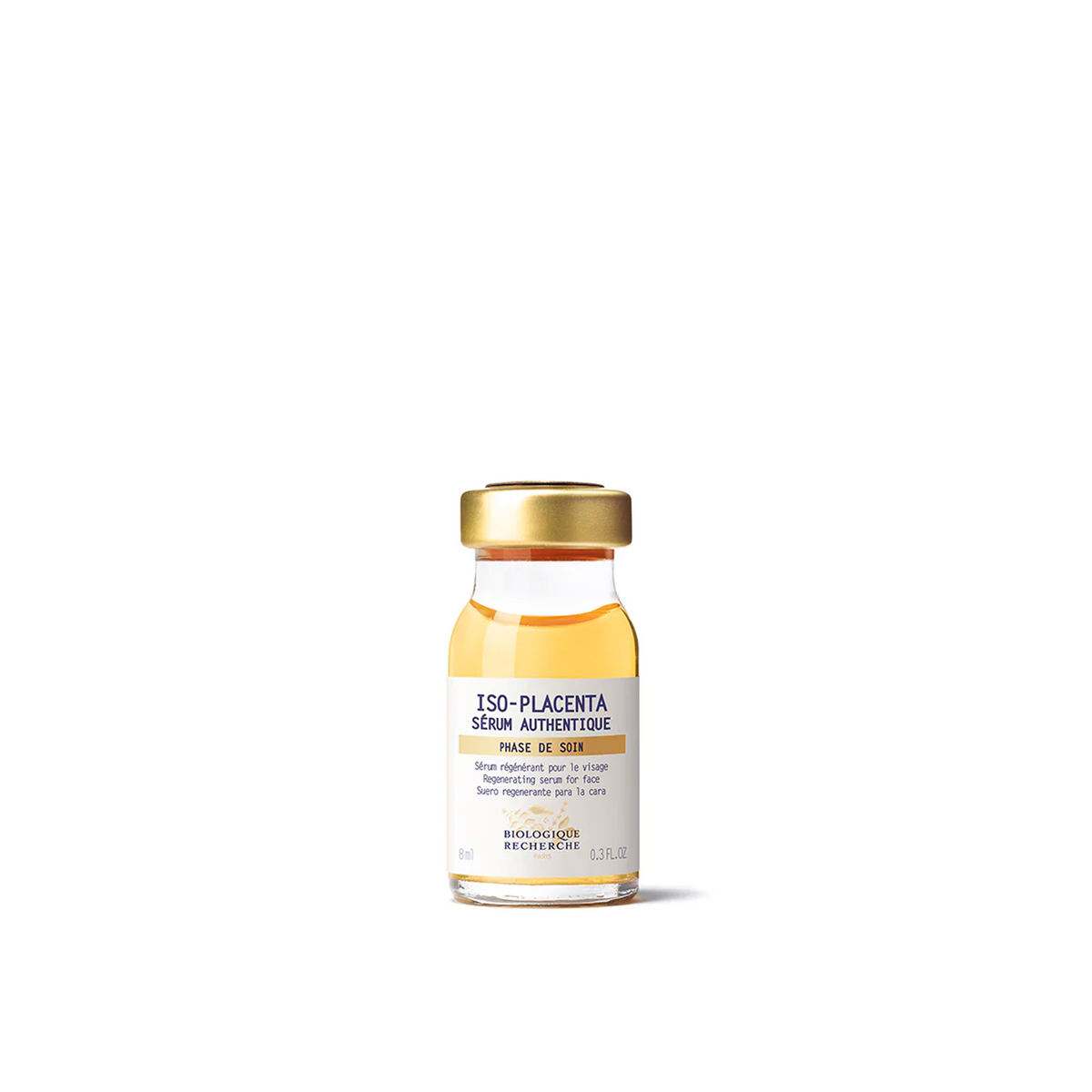 A vial of Biologique Recherche Serum Iso-Placenta with a yellow label, text, and branding on the front.
