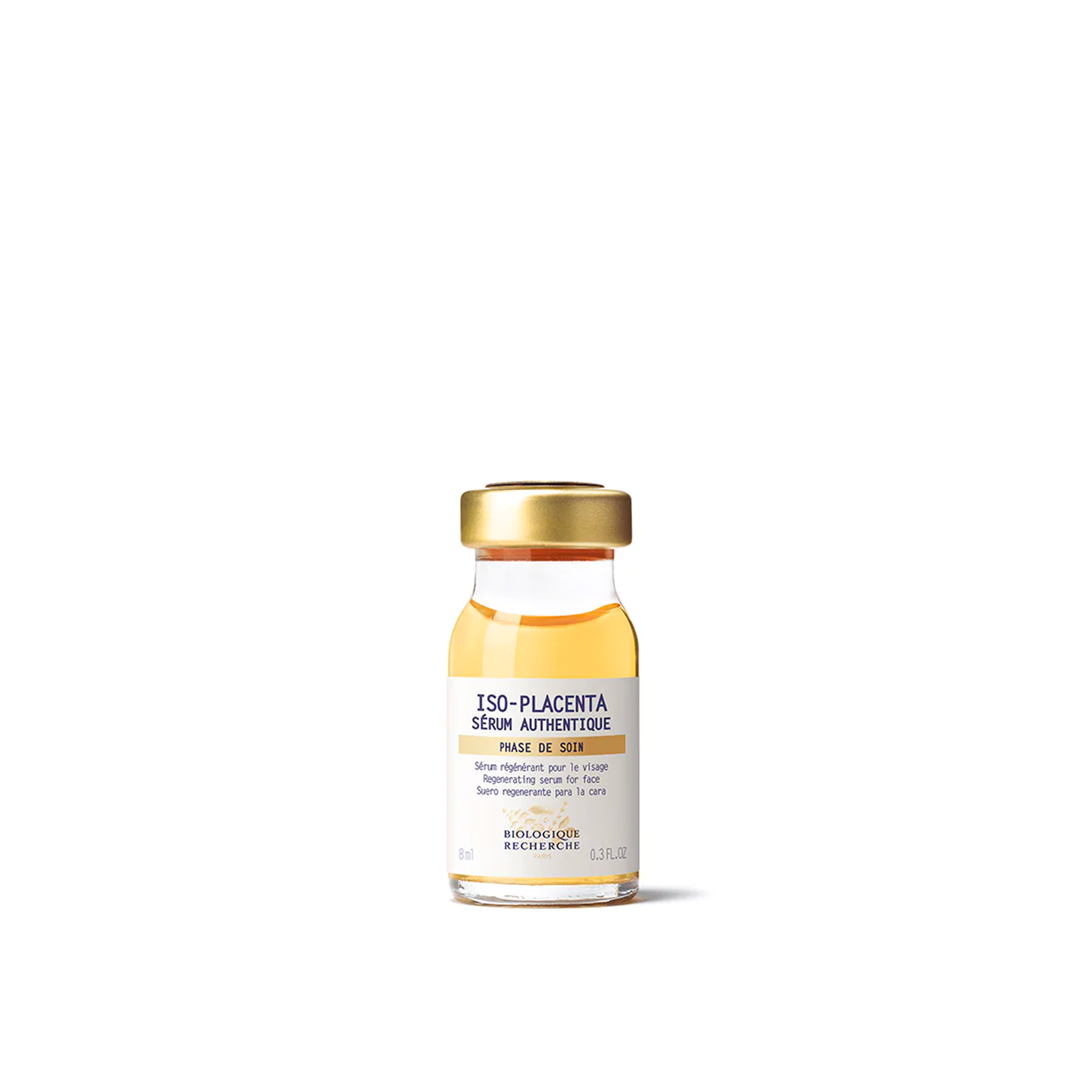 A vial of Biologique Recherche Serum Iso-Placenta with a yellow label, text, and branding on the front.