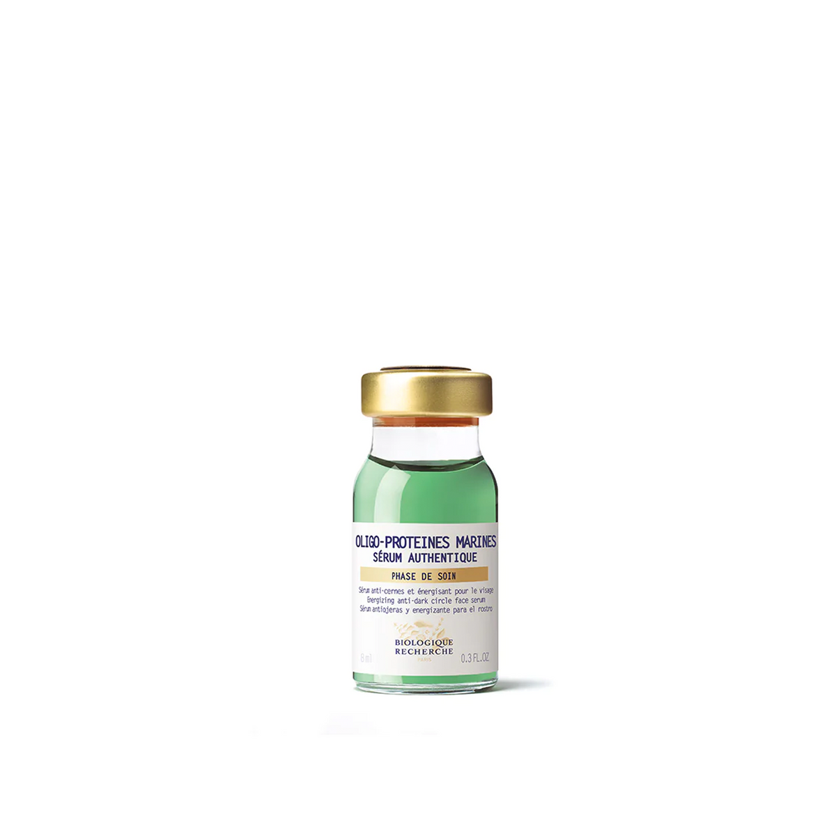 A bottle of Biologique Recherche Serum Oligo-Protéines Marines with a white label, green text, and a gold cap.