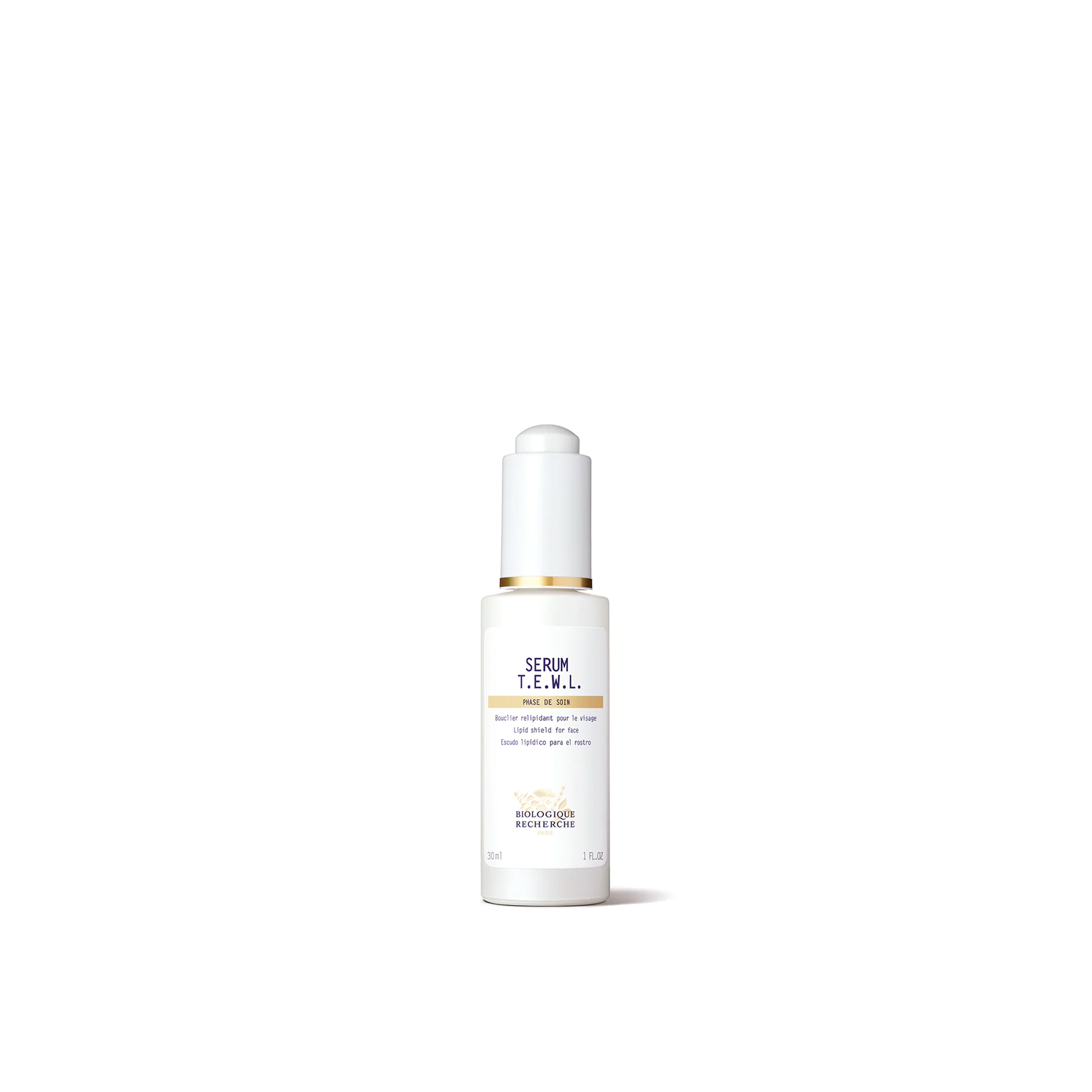 A white, dropper bottle of Biologique Recherche Serum T.E.W.L on a plain background.