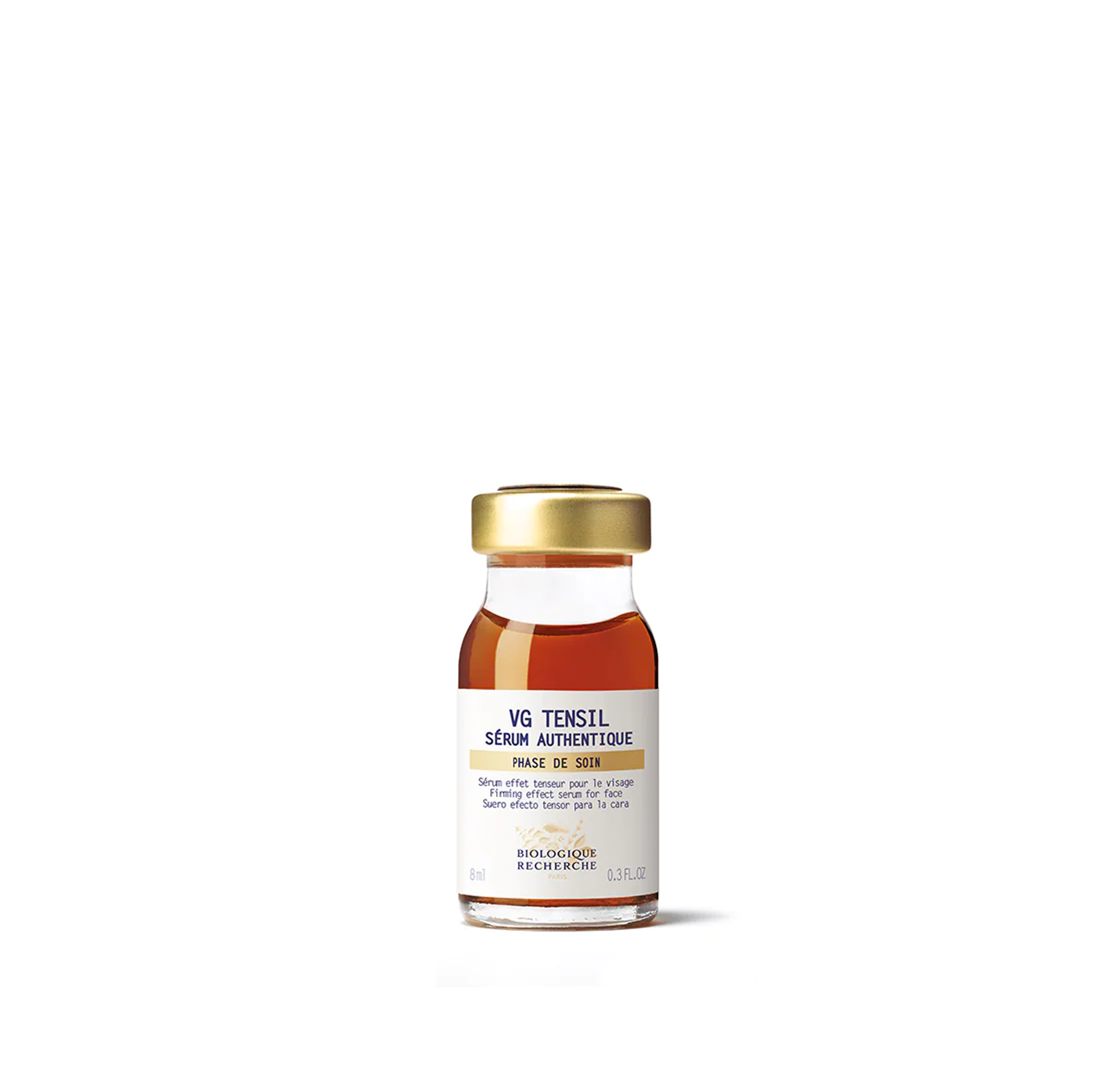 A small glass vial containing Biologique Recherche VG Tensil Serum for the face