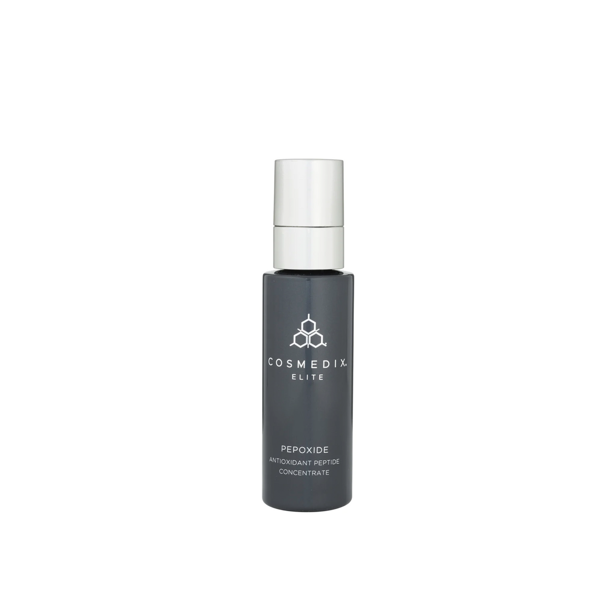A bottle of Cosmedix Elite Pepoxide serum against a white background.