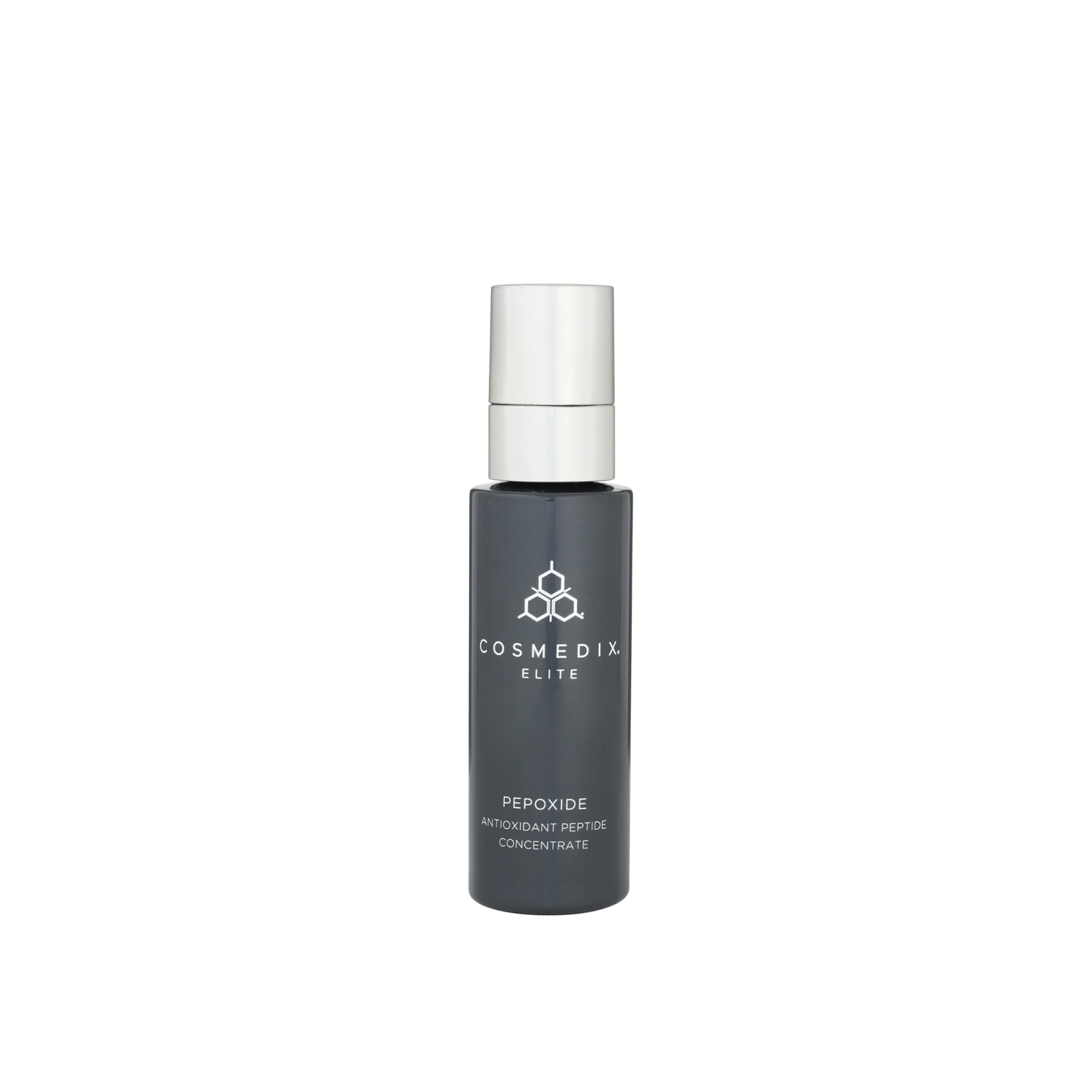 A bottle of Cosmedix Elite Pepoxide serum against a white background.