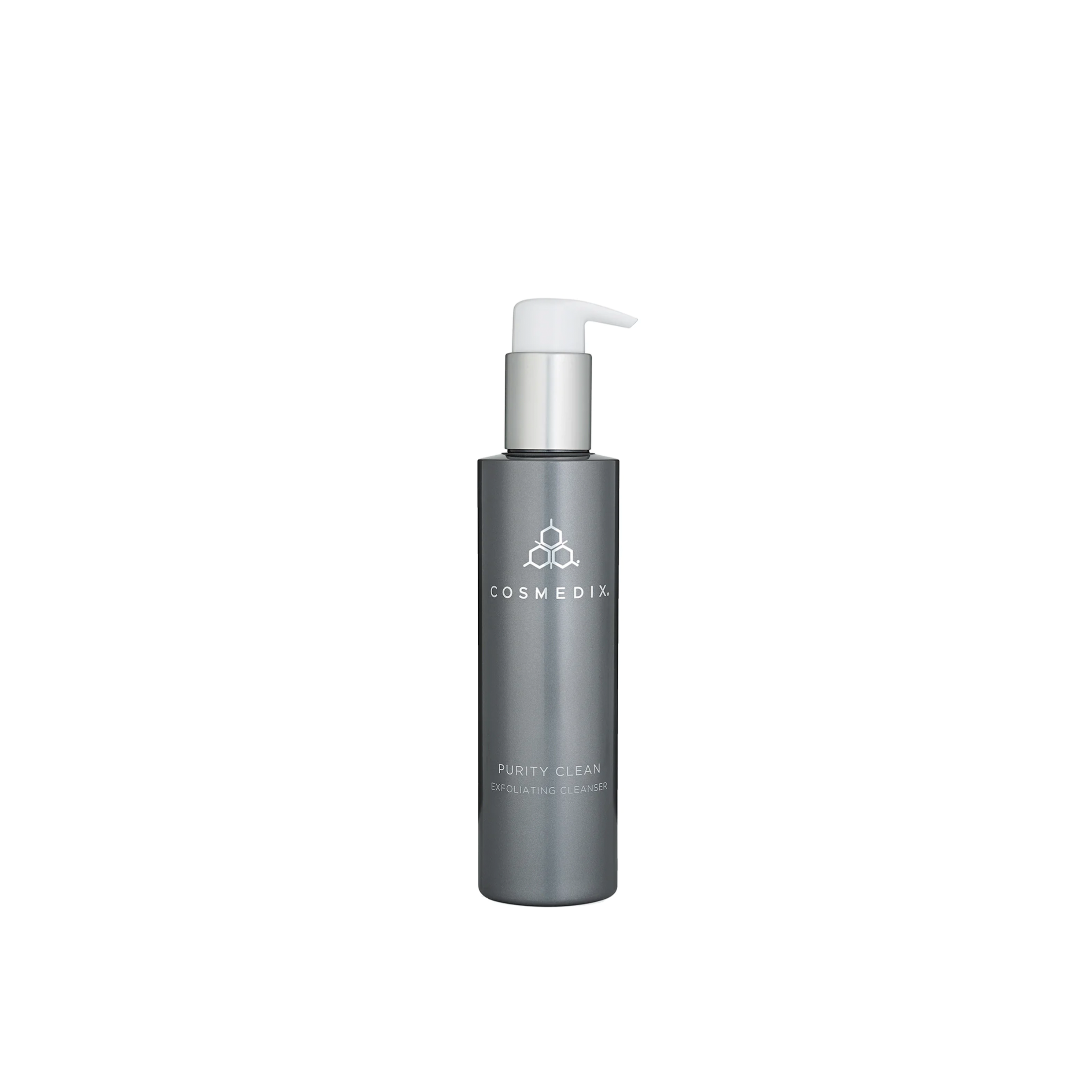 A pump bottle of Cosmedix Purity Clean facial cleanser on a plain background.