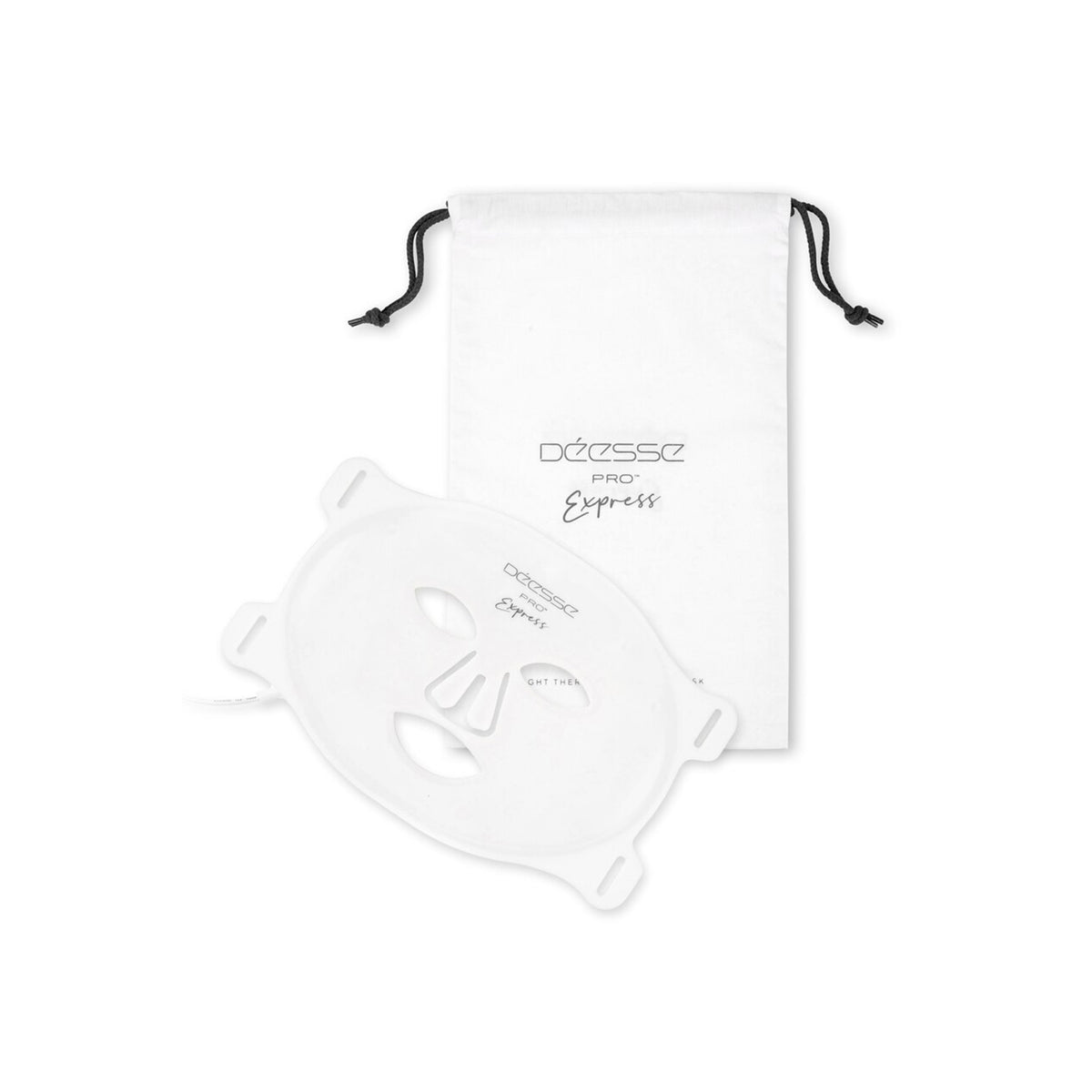 A silicone flexible LED light therapy mask by Déesse, displayed alongside its packaging which includes a white drawstring bag with the brand name. The mask is designed for skincare and the image portrays a sleek, professional product presentation.