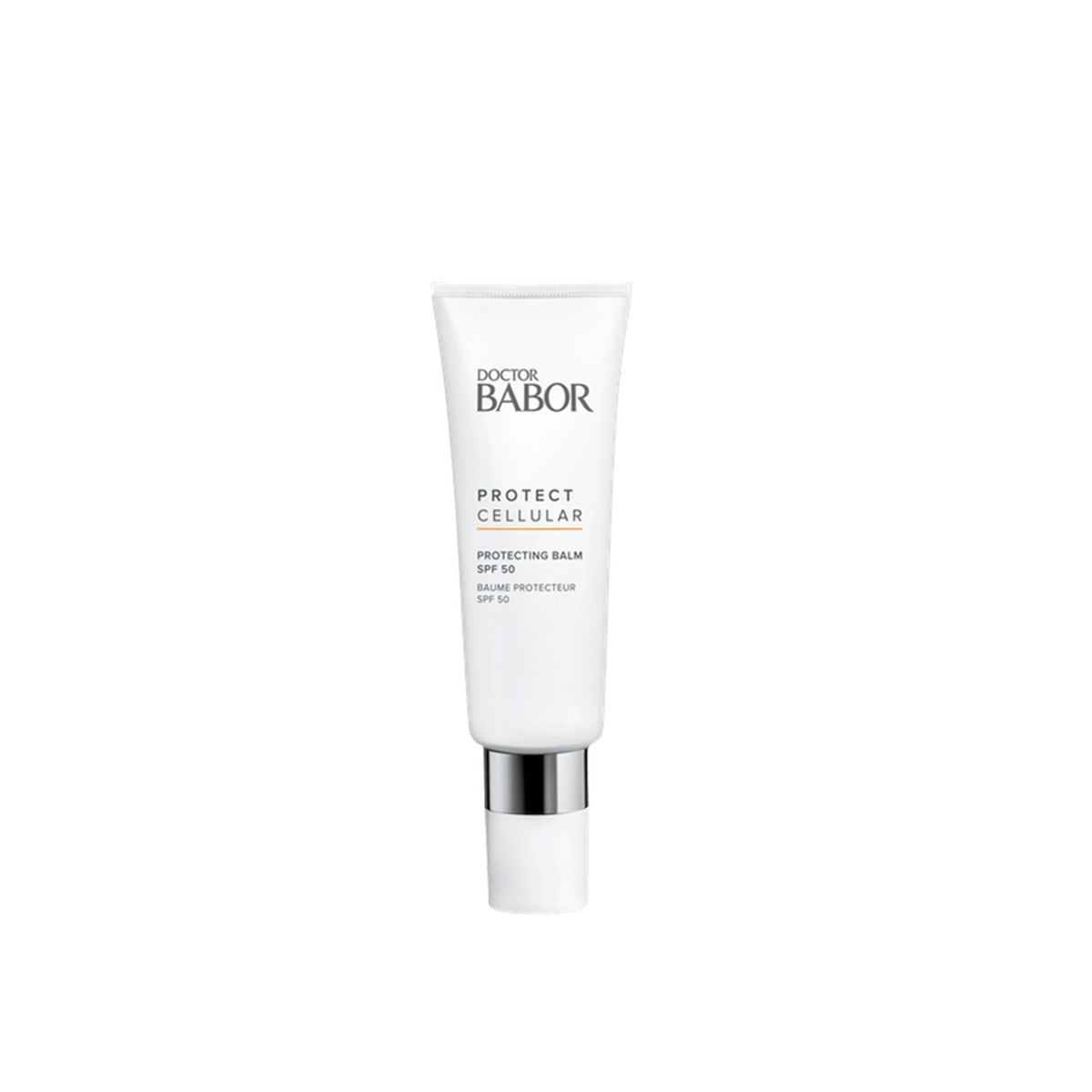 A white tube of Dr Babor Repair Cellular Protecting Balm SPF 50+ with clear and elegant typography.