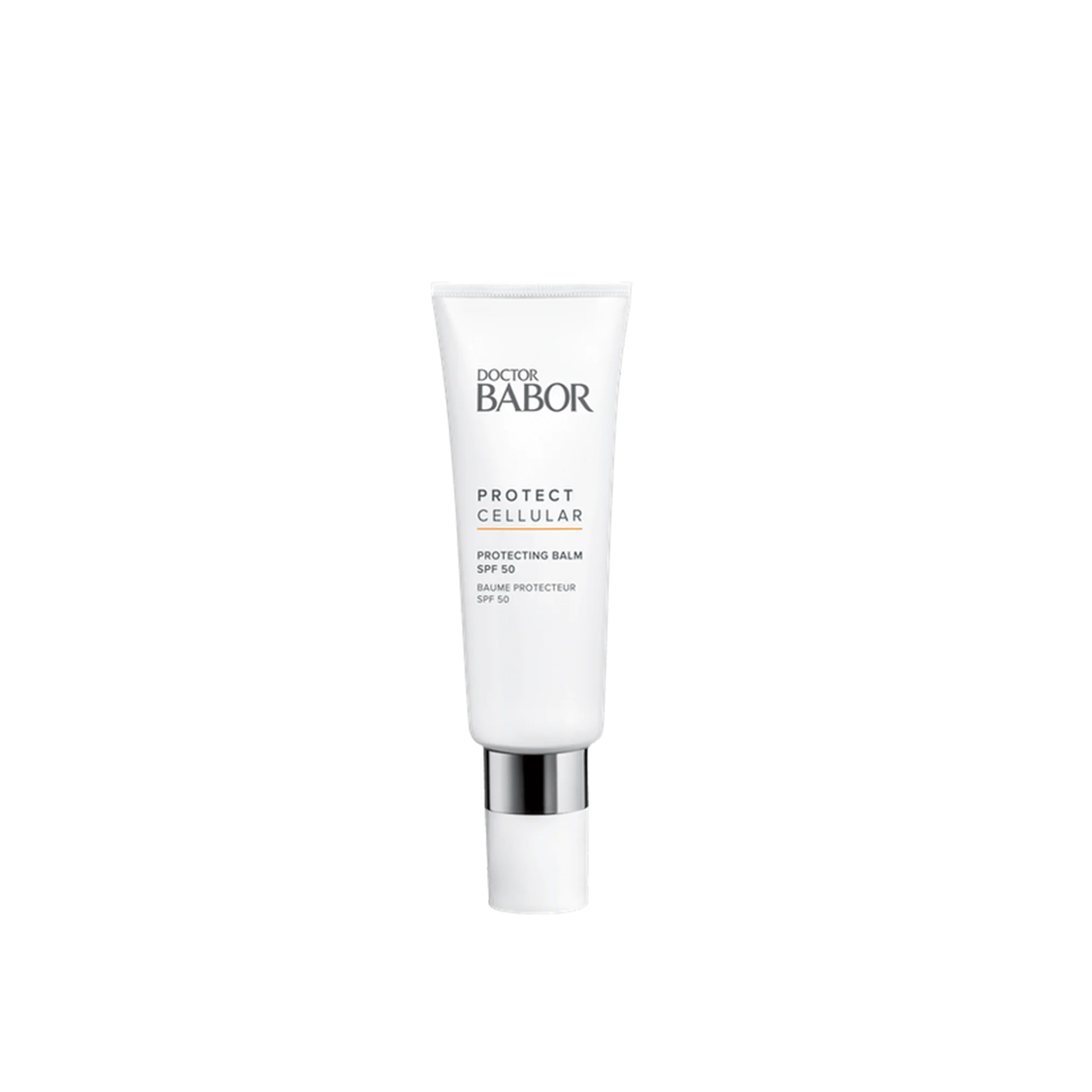 A white tube of Dr Babor Repair Cellular Protecting Balm SPF 50+ with clear and elegant typography.
