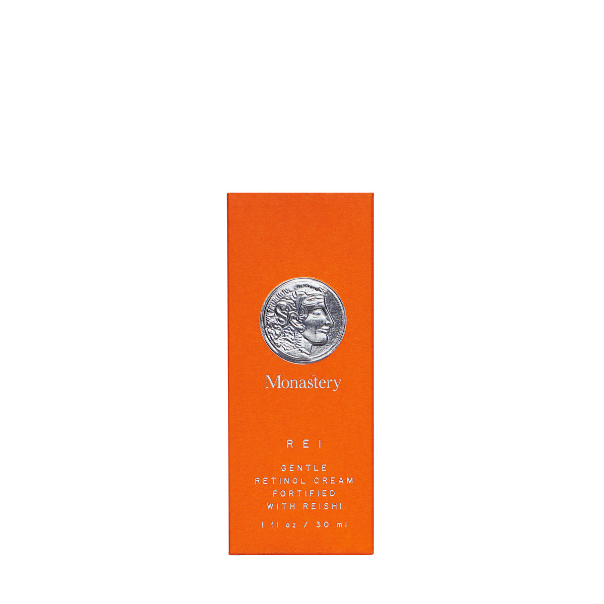 Orange box with silver coin design and 'Monastery' branding on a white background