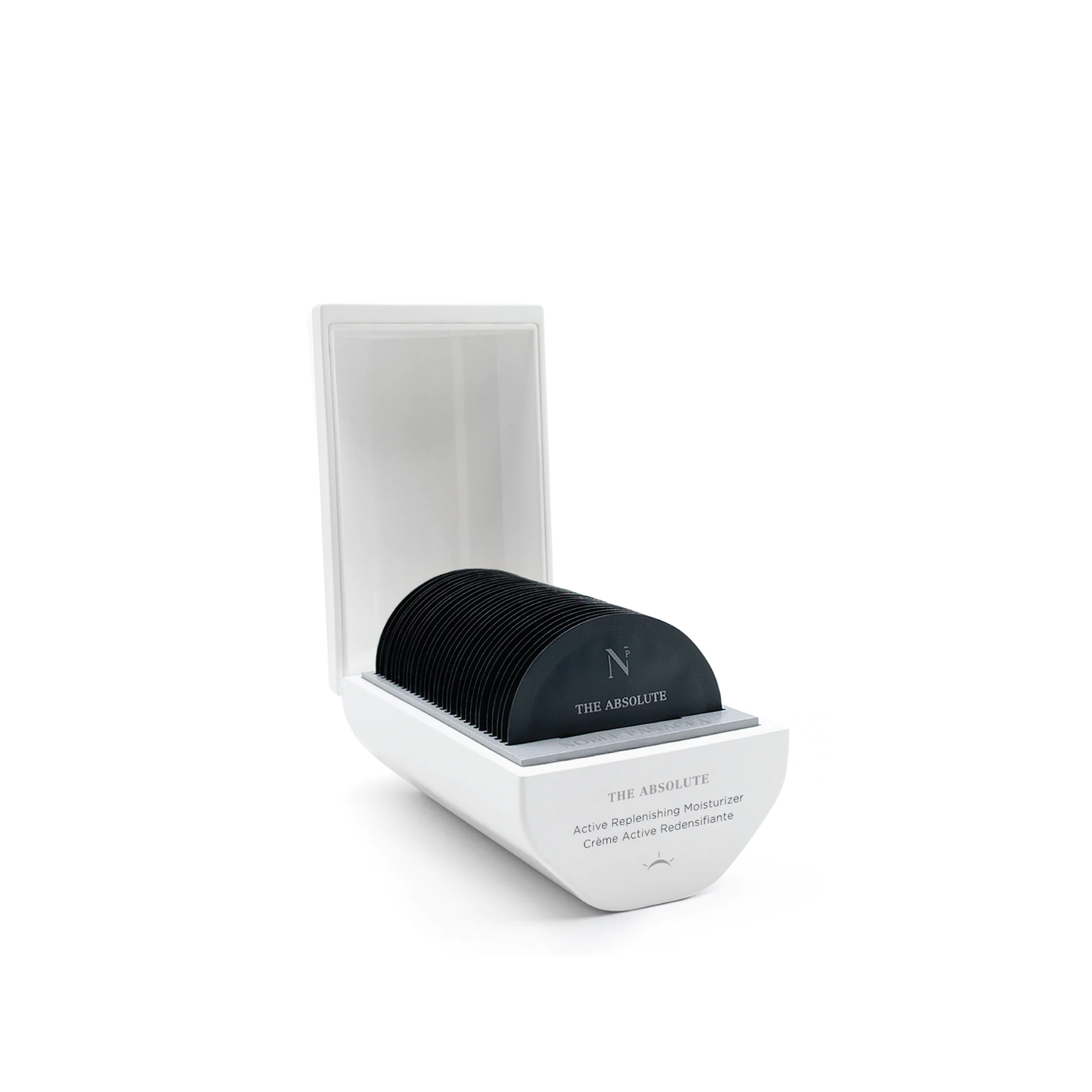 A white box with a black lid, branded with 'Noble Panacea', containing doses of moisturizer.