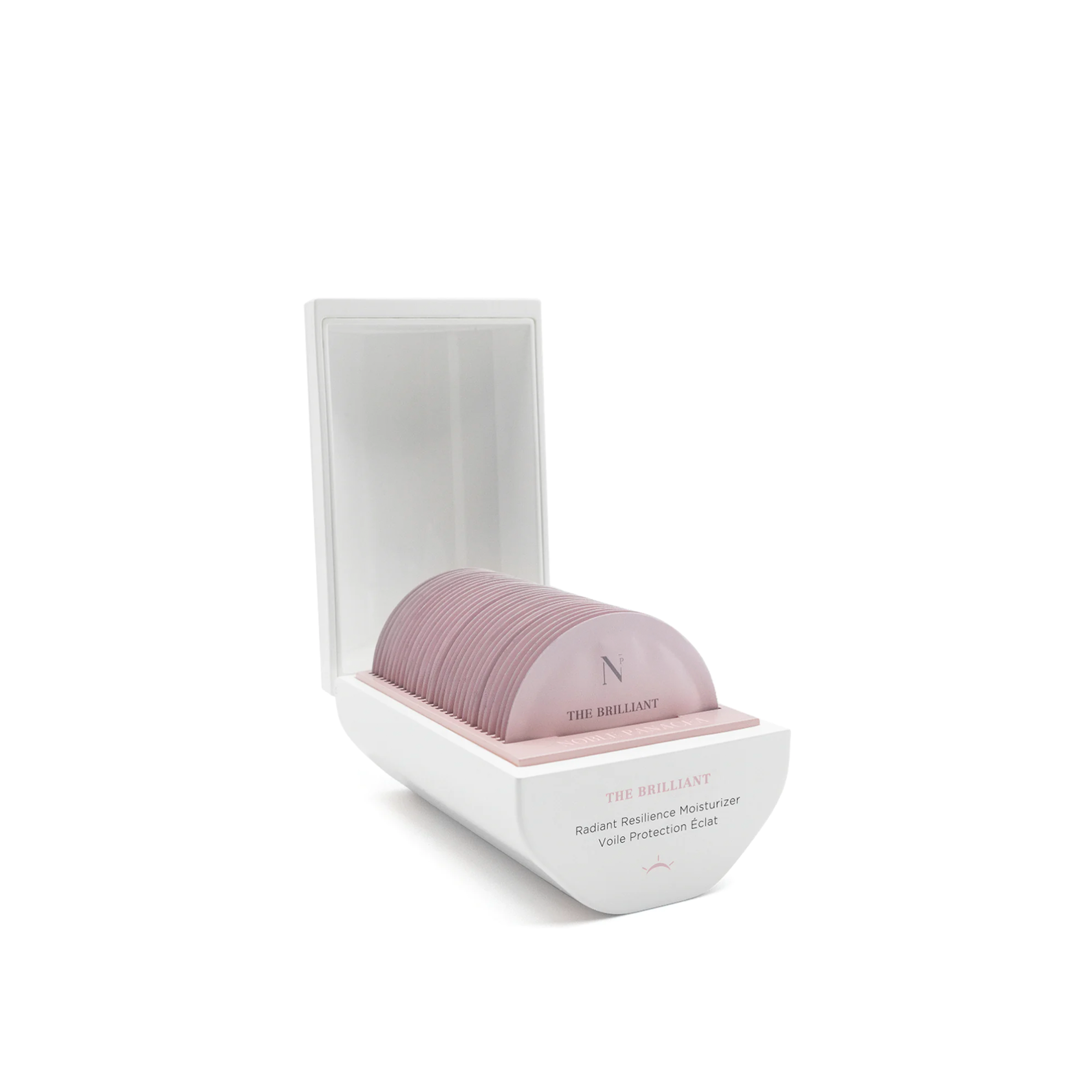 A white box containing individual moisturizer doses with a pinkish hue, labeled 'Noble Panacea The Brilliant Radiant Resilience Moisturiser'.