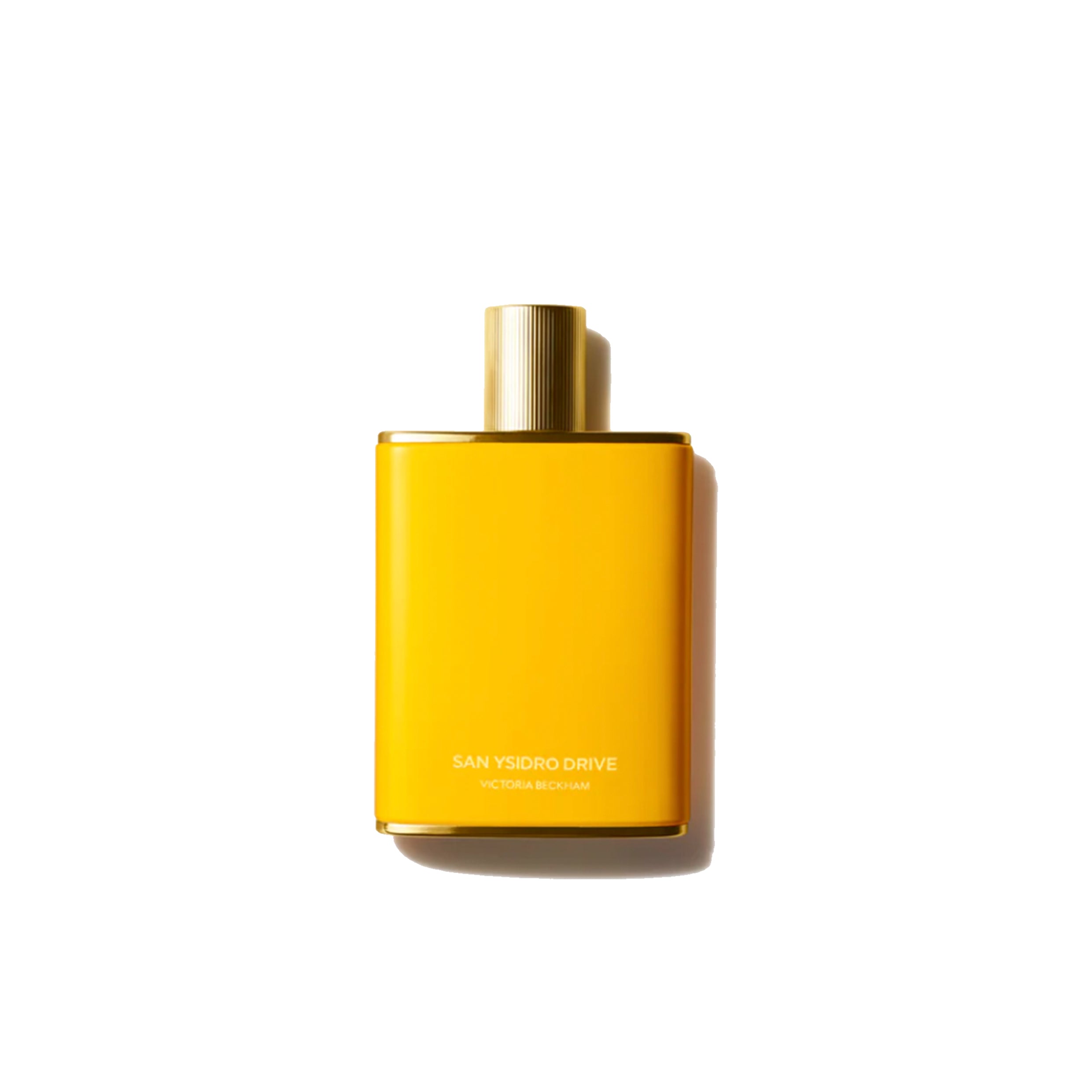 A yellow bottle of Victoria Beckham Beauty San Ysidro Drive Eau de Parfum with the cap removed, displayed against a white background.