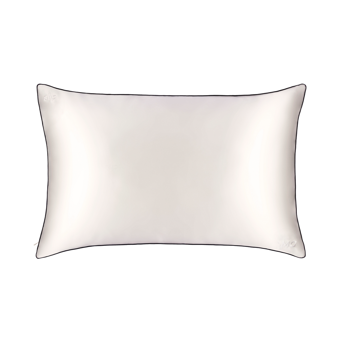 A white silk pillowcase with a black trim and a visible zipper.