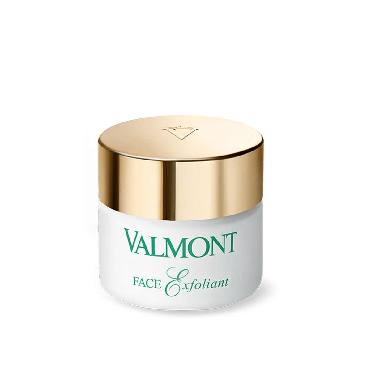 A jar of Valmont Face Exfoliant cream with a gold lid.
