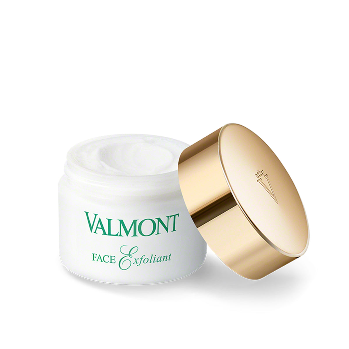 A jar of Valmont Face Exfoliant, with the gold lid taken off