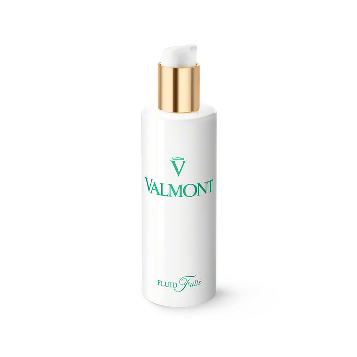 Valmont skincare bottle with gold cap on a white background