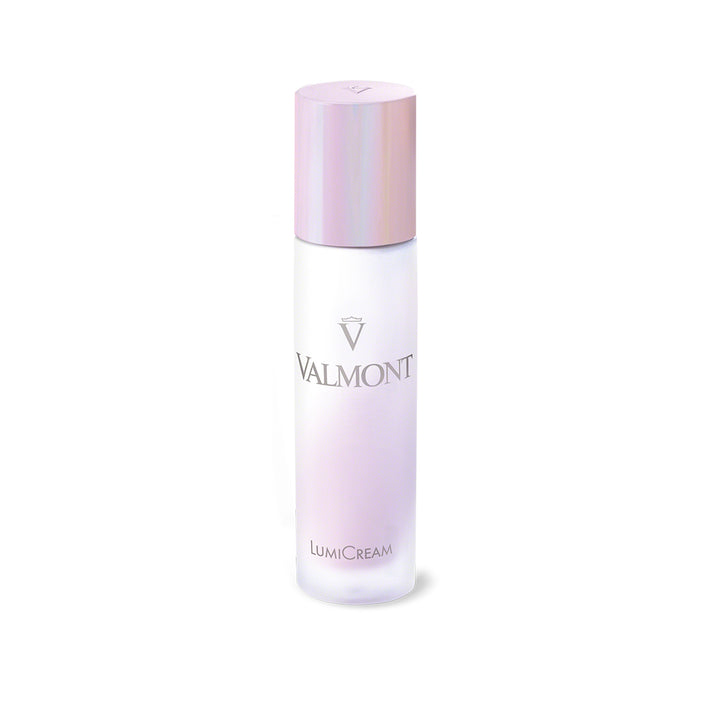 A bottle of Valmont Lumicream with a pink cap on a white background.