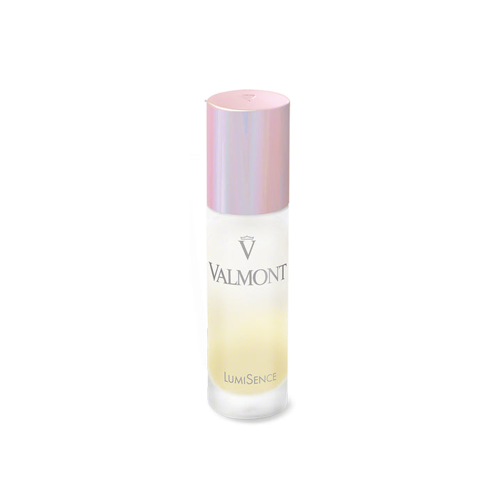 A bottle of Valmont LumiSence serum with a pink cap on a plain background.