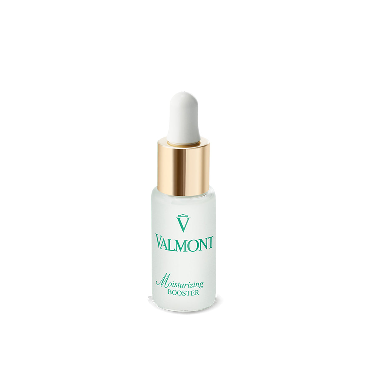 A white dropper bottle with a gold cap labeled 'Valmont Moisturizing Booster'.