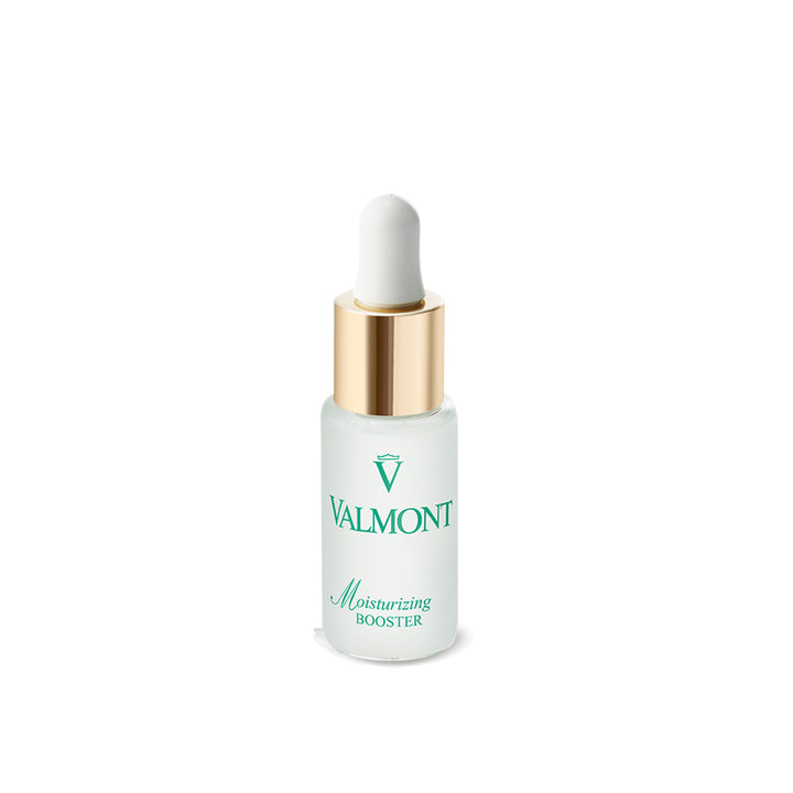 A white dropper bottle with a gold cap labeled 'Valmont Moisturizing Booster'.