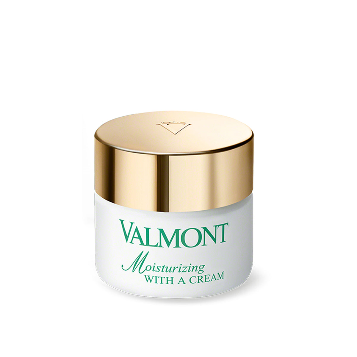 A jar of Valmont Moisturizing With A Cream, designed for hydrating the skin. The jar is white with a gold lid and the brand name is prominently displayed.
