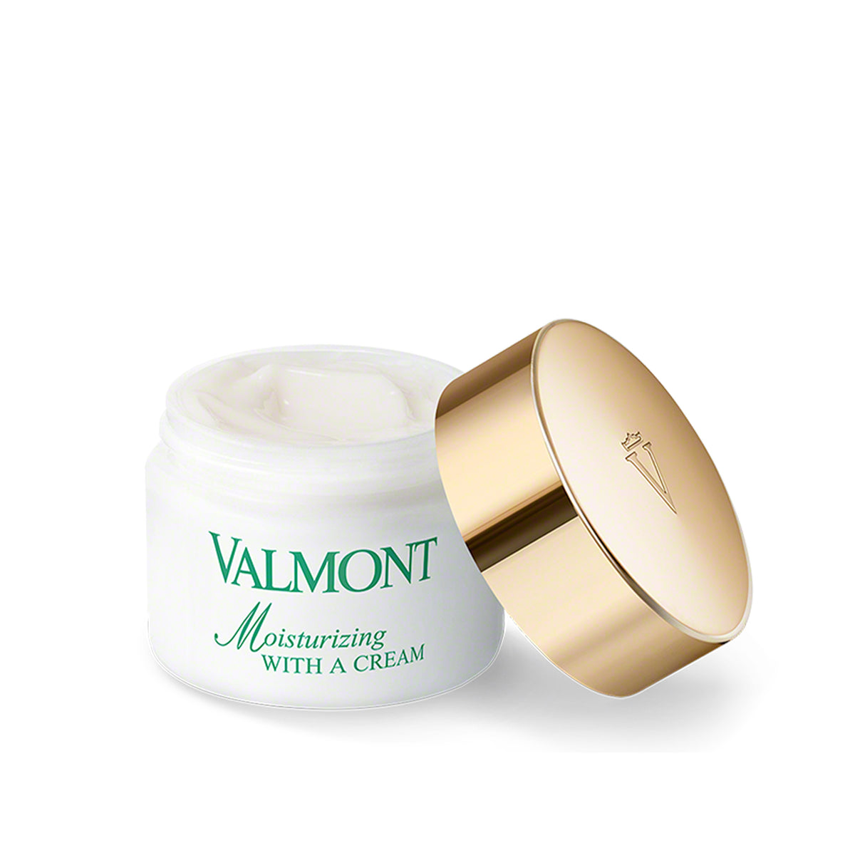 Valmont moisturising cream jar with gold lid on white background