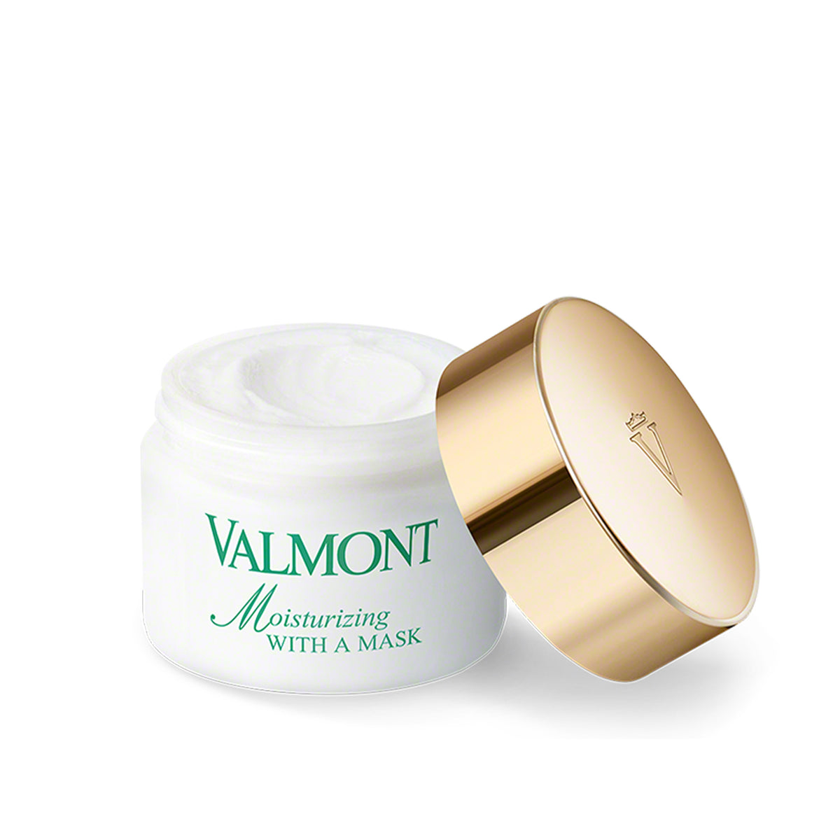 White jar of moisturizing cream with a gold lid on a white background.