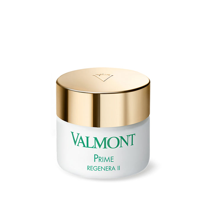 A jar of Valmont Prime Regenera II cream with a white body and a gold-colored lid.