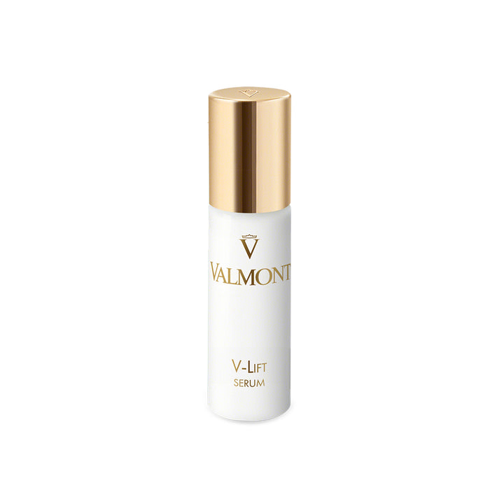 A white bottle of Valmont V-Lift Serum with a gold cap.