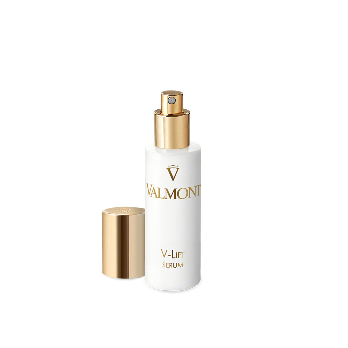 Valmont V-Lift Serum bottle with gold cap on white background