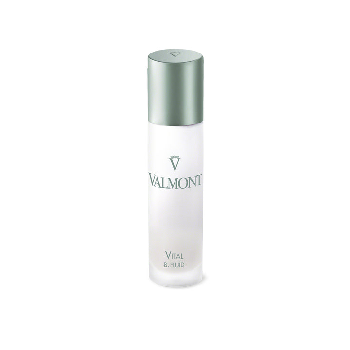 Valmont skincare bottle with silver cap on a white background