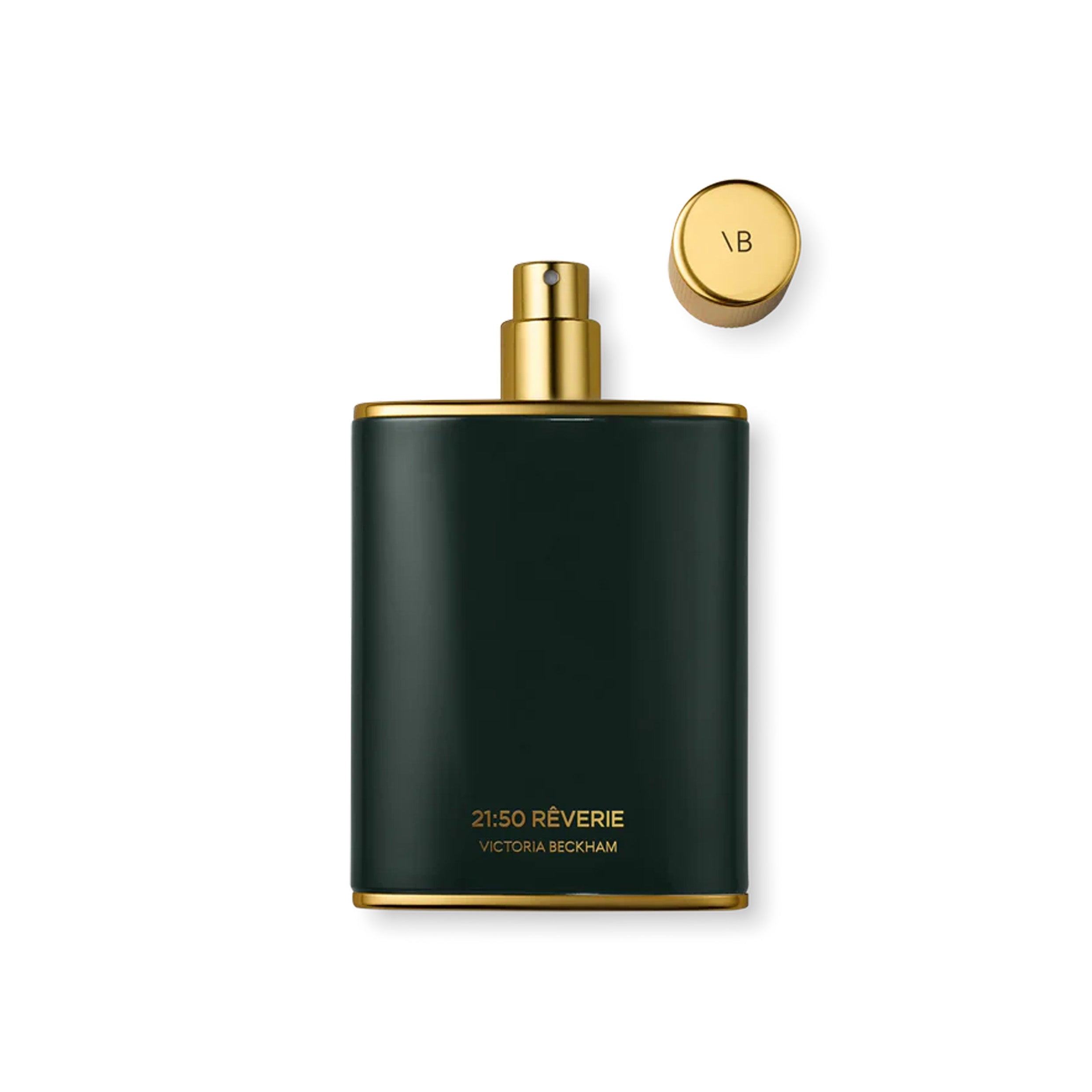 A black perfume bottle with a gold cap, labeled '21:50 Rêverie Victoria Beckham'.