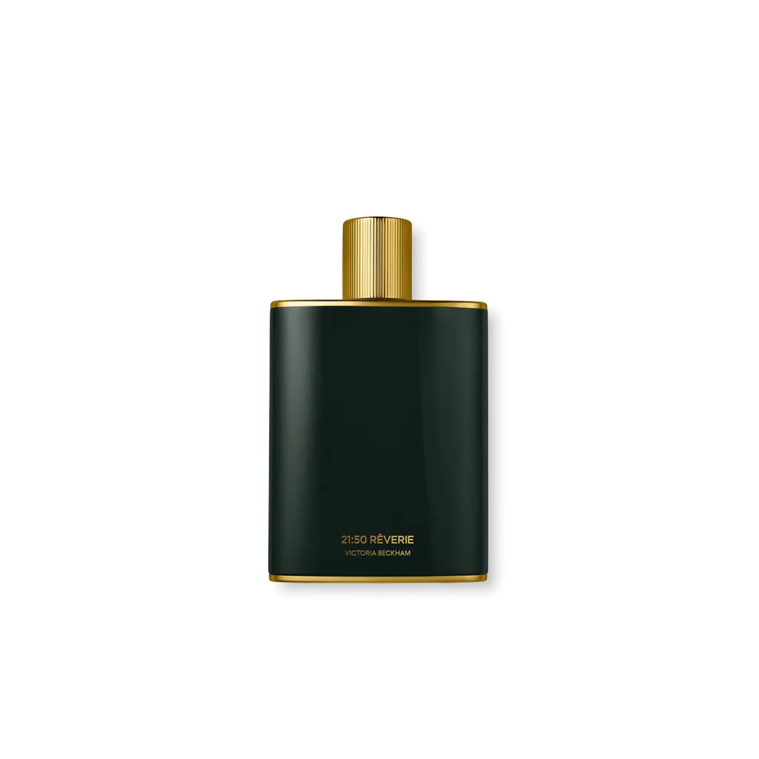 A black perfume bottle with a gold cap, labeled '21:50 Rêverie Victoria Beckham'.