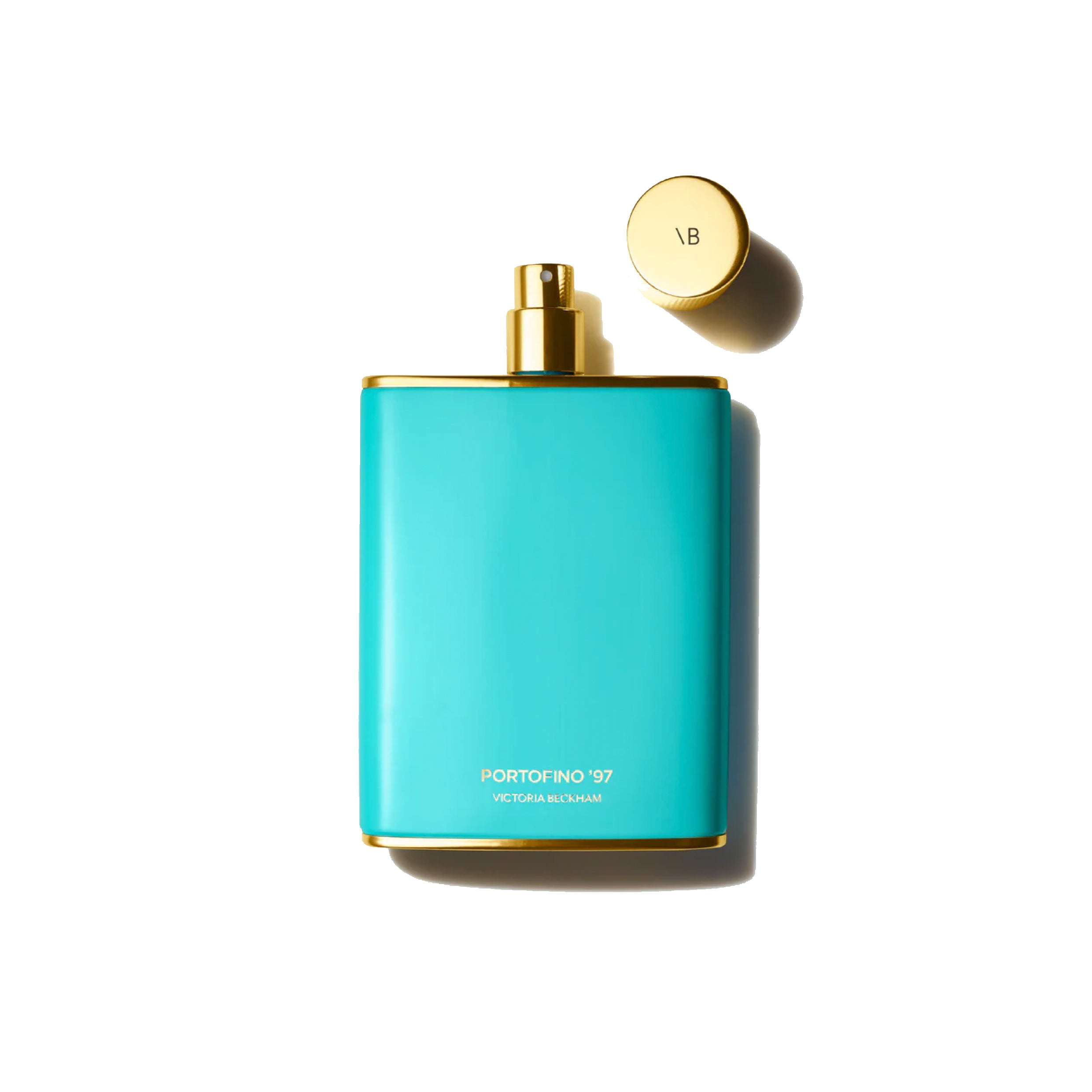 A blue perfume bottle with a gold cap labeled 'Victoria Beckham Beauty Portofino '97 Eau de Parfum'.