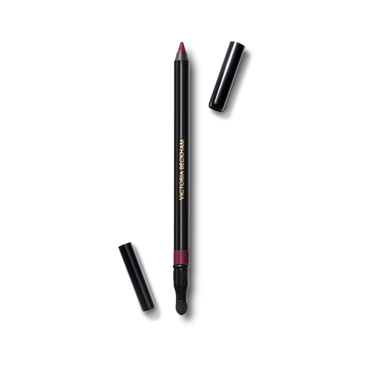 A Victoria Beckham Beauty Satin Kajal Liner in Bordeaux color, with the cap off, showing the rich, matte burgundy eyeliner pencil and the smudger.