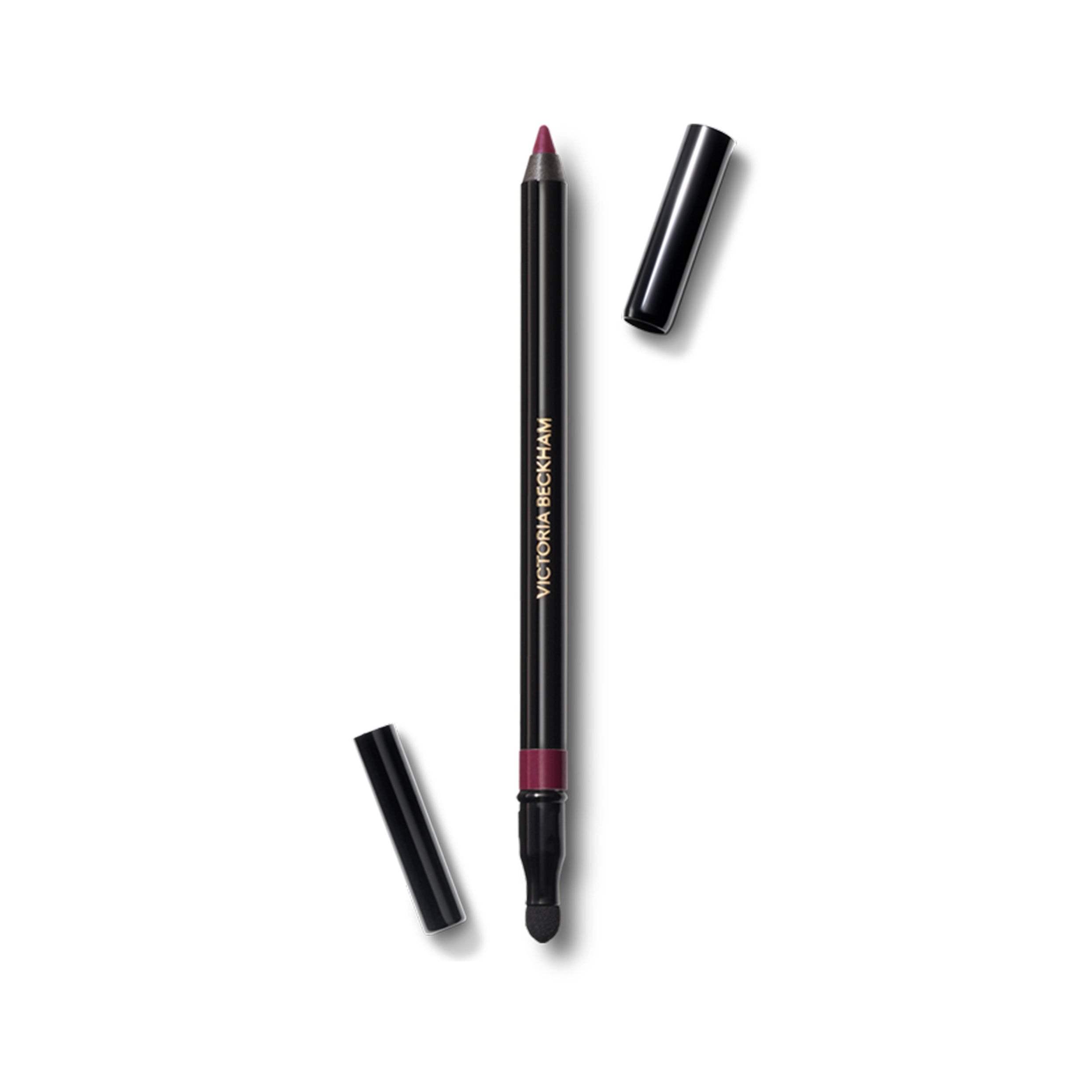 A Victoria Beckham Beauty Satin Kajal Liner in Bordeaux color, with the cap off, showing the rich, matte burgundy eyeliner pencil and the smudger.