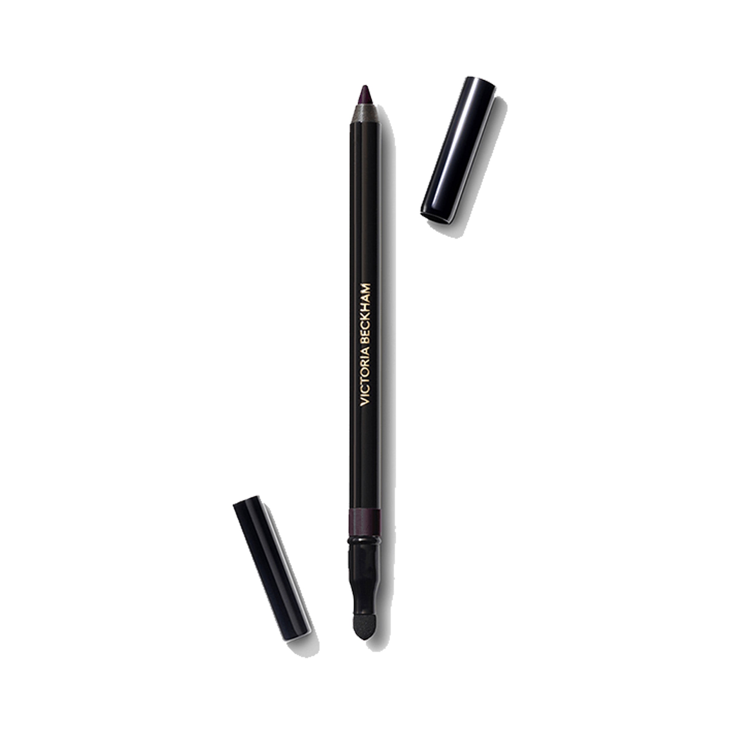 A Victoria Beckham Beauty Satin Kajal Liner in the shade Fig, with the cap off, showing the rich, matte aubergine color of the eyeliner.