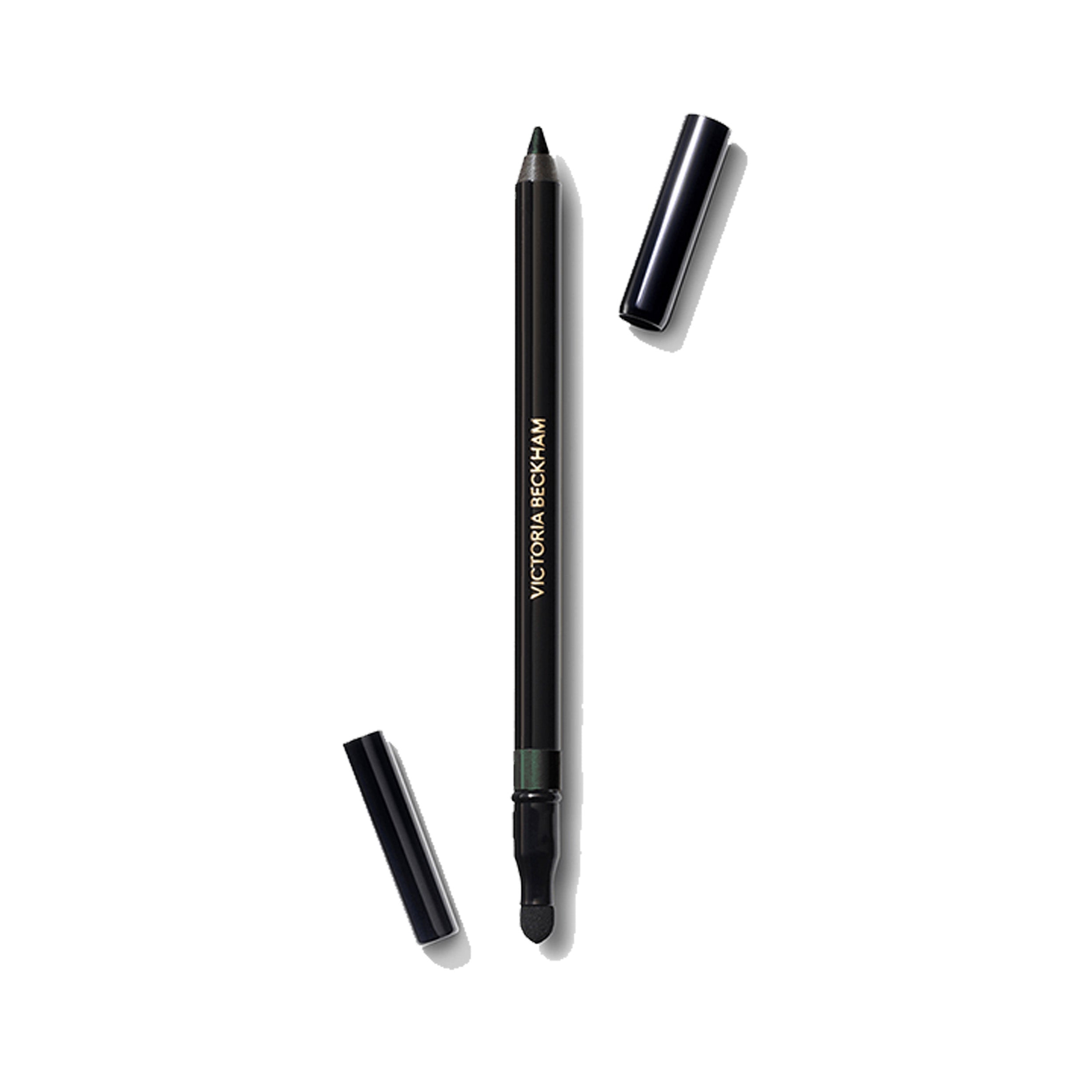 A Victoria Beckham Beauty Satin Kajal Liner in Olive color, with the cap and smudger applicator removed, displayed on a white background.