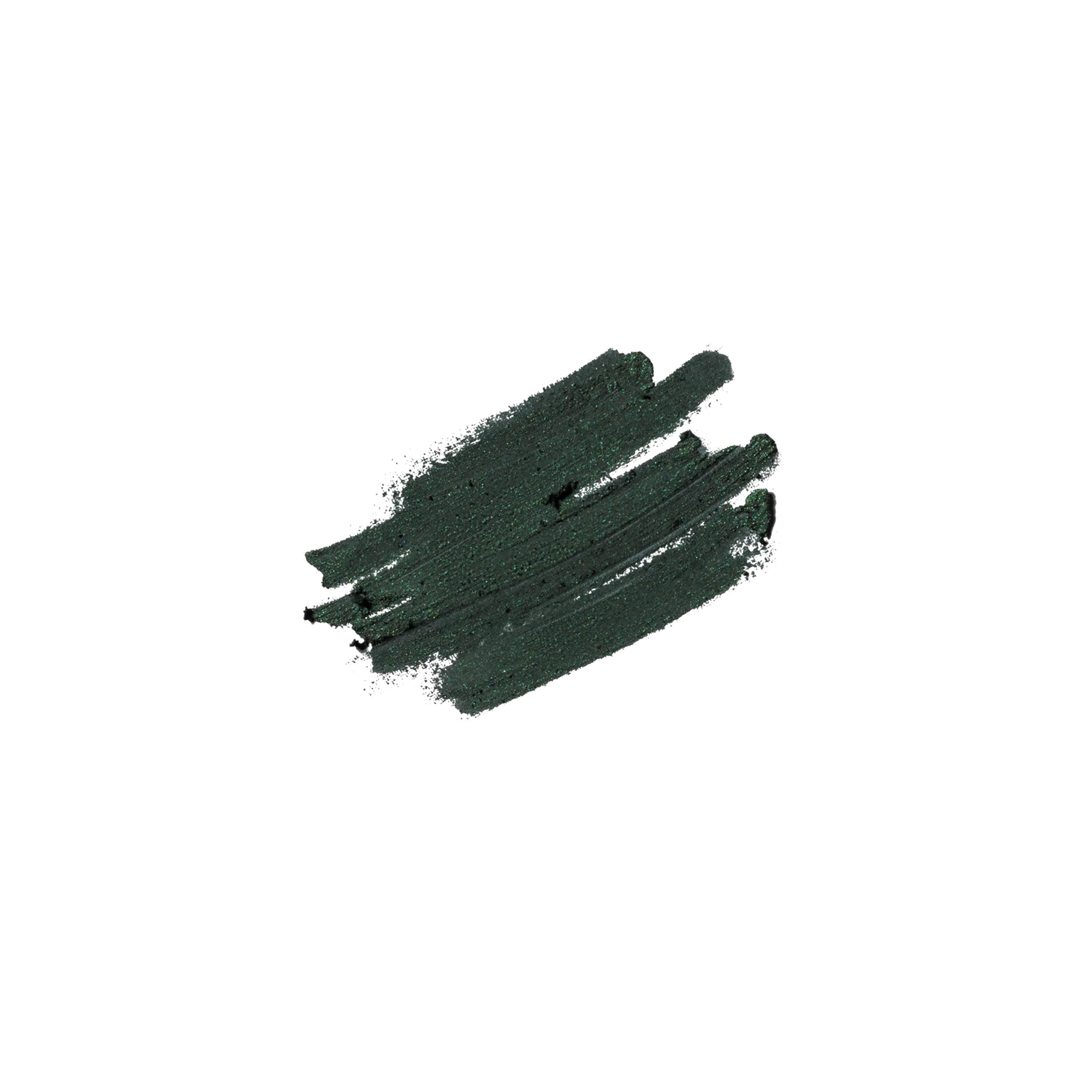A pencil eyeliner swatch in a green shade, on a white background.